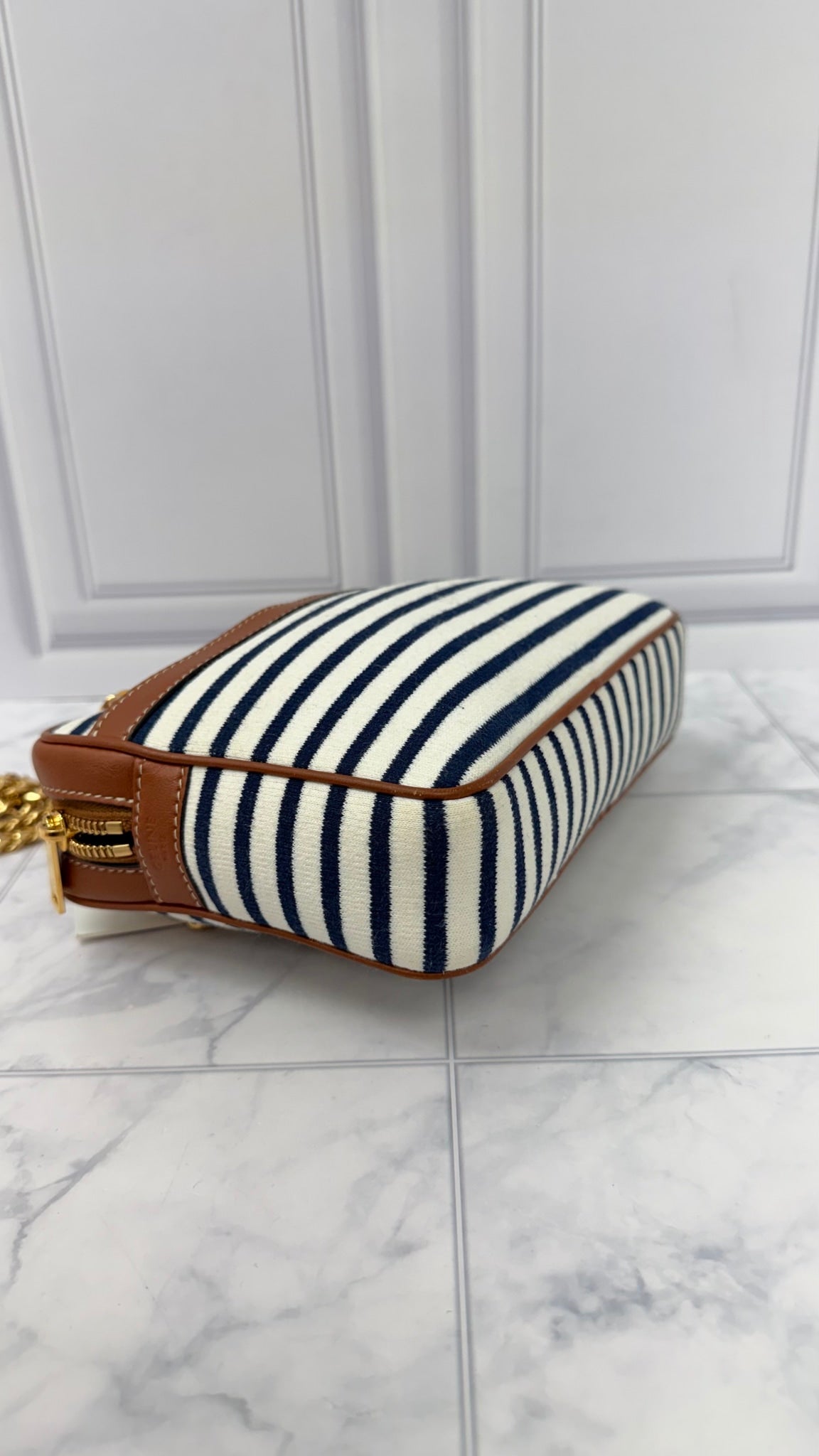 Celine White And Navy Jersey Chain Shoulder Bag