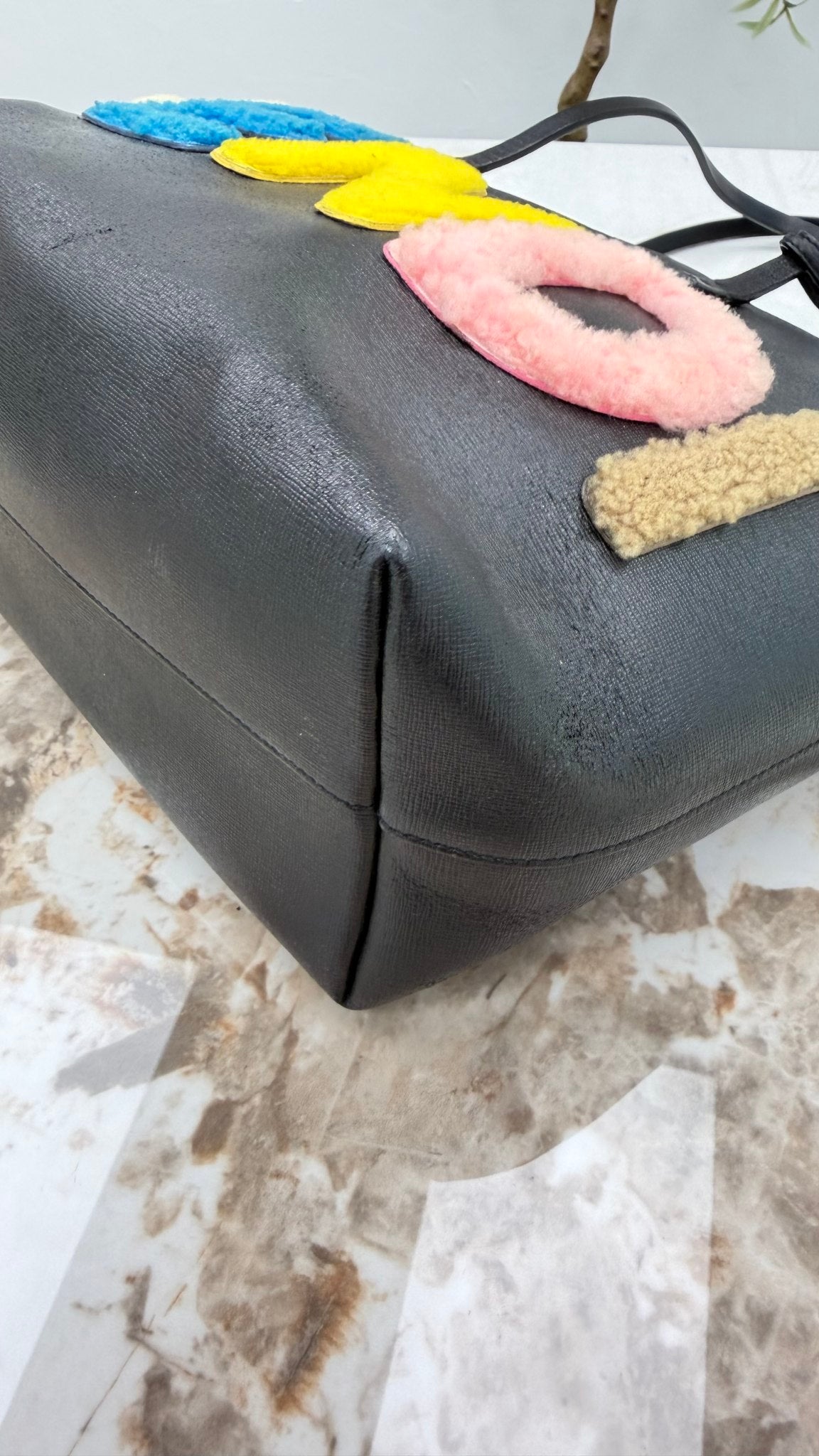 Fendi Black Leather Shearling Logo Roll Tote