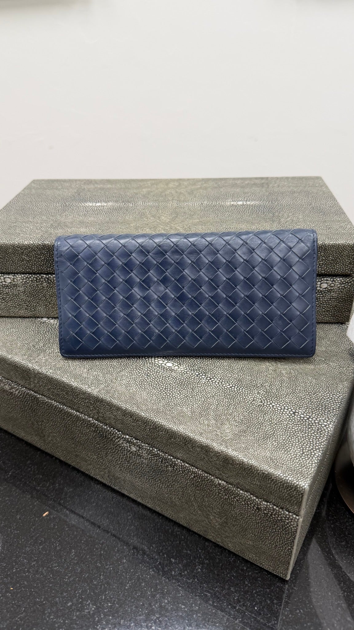 Bottega Veneta Navy Blue Intrecciato Leather Long Wallet