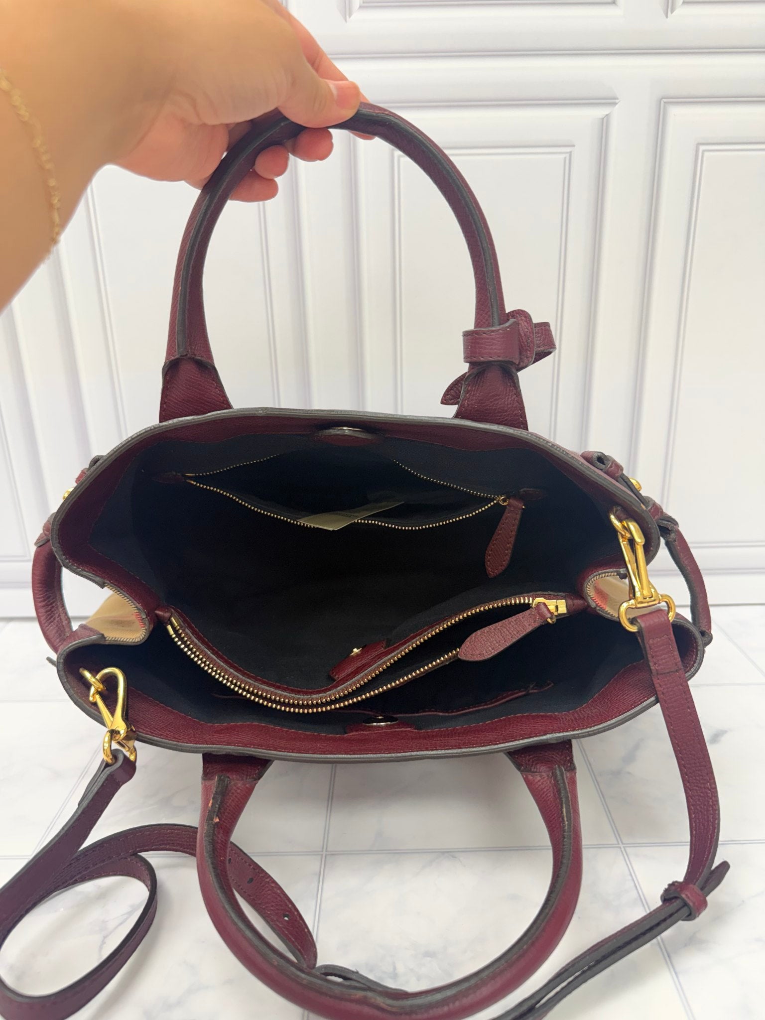 Burberry Burgundy Leather Banner Tote Bag