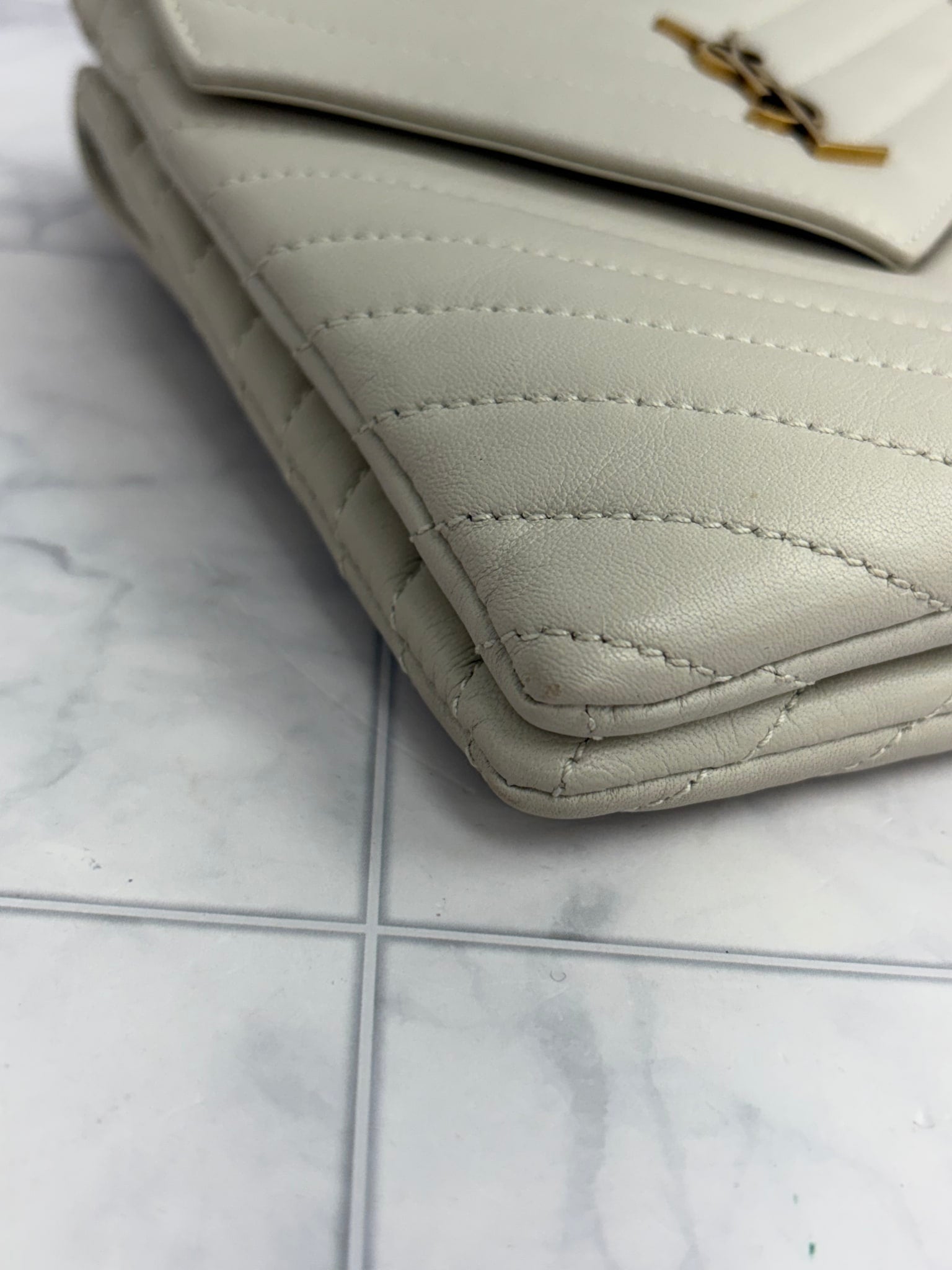 Saint Laurent YSL Ivory Chevron Quilted Leather Chain Shoulder Bag