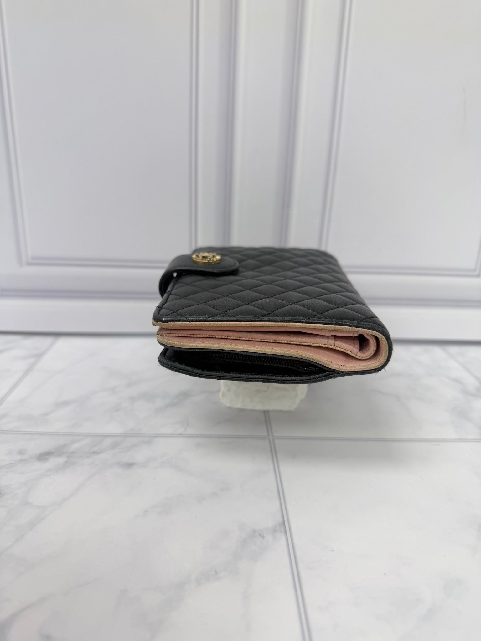 Chanel Black And Pink Lambskin Quilted French Wallet