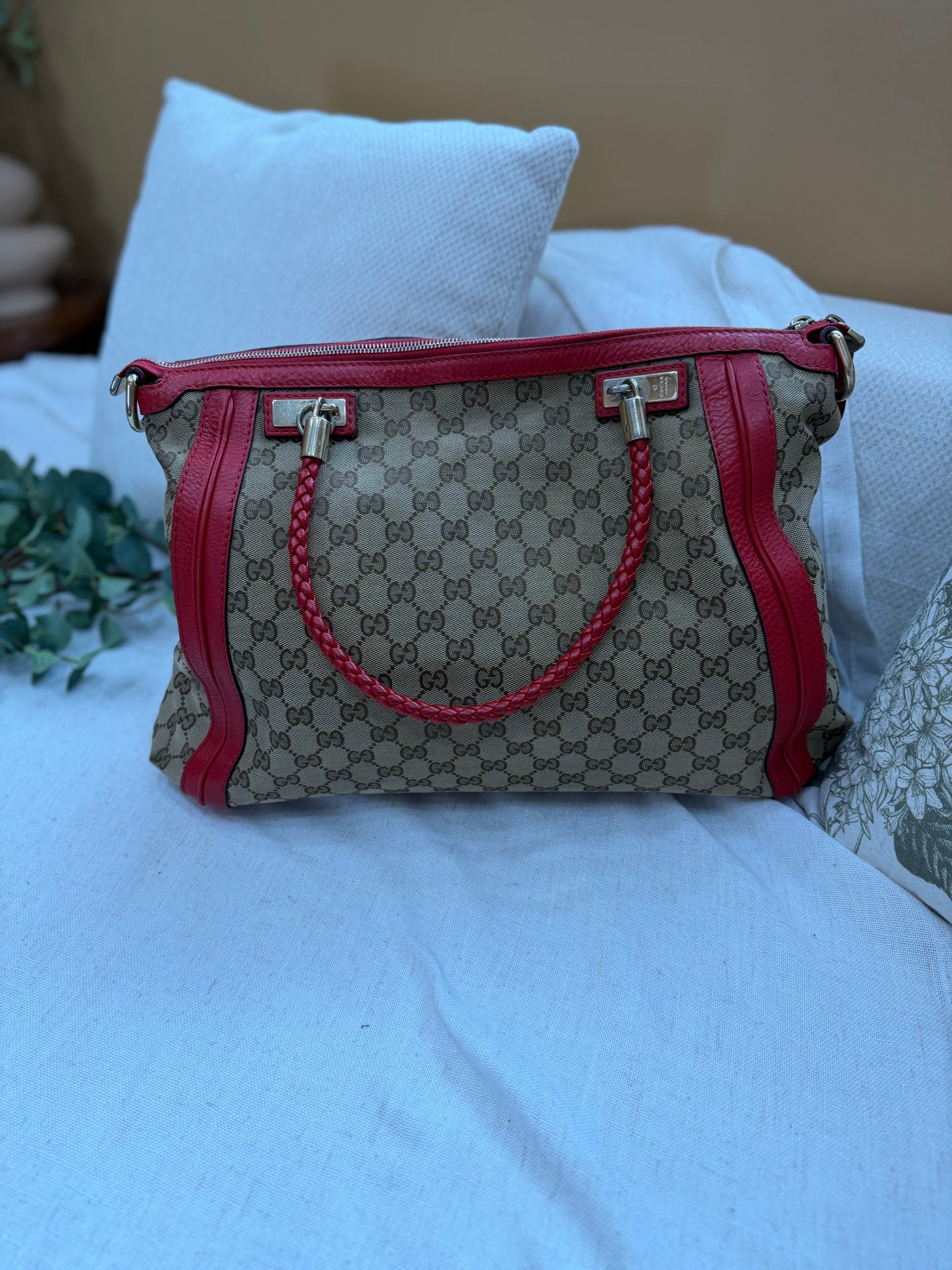 Gucci GG Canvas & Red Leather Bella Shoulder Tote