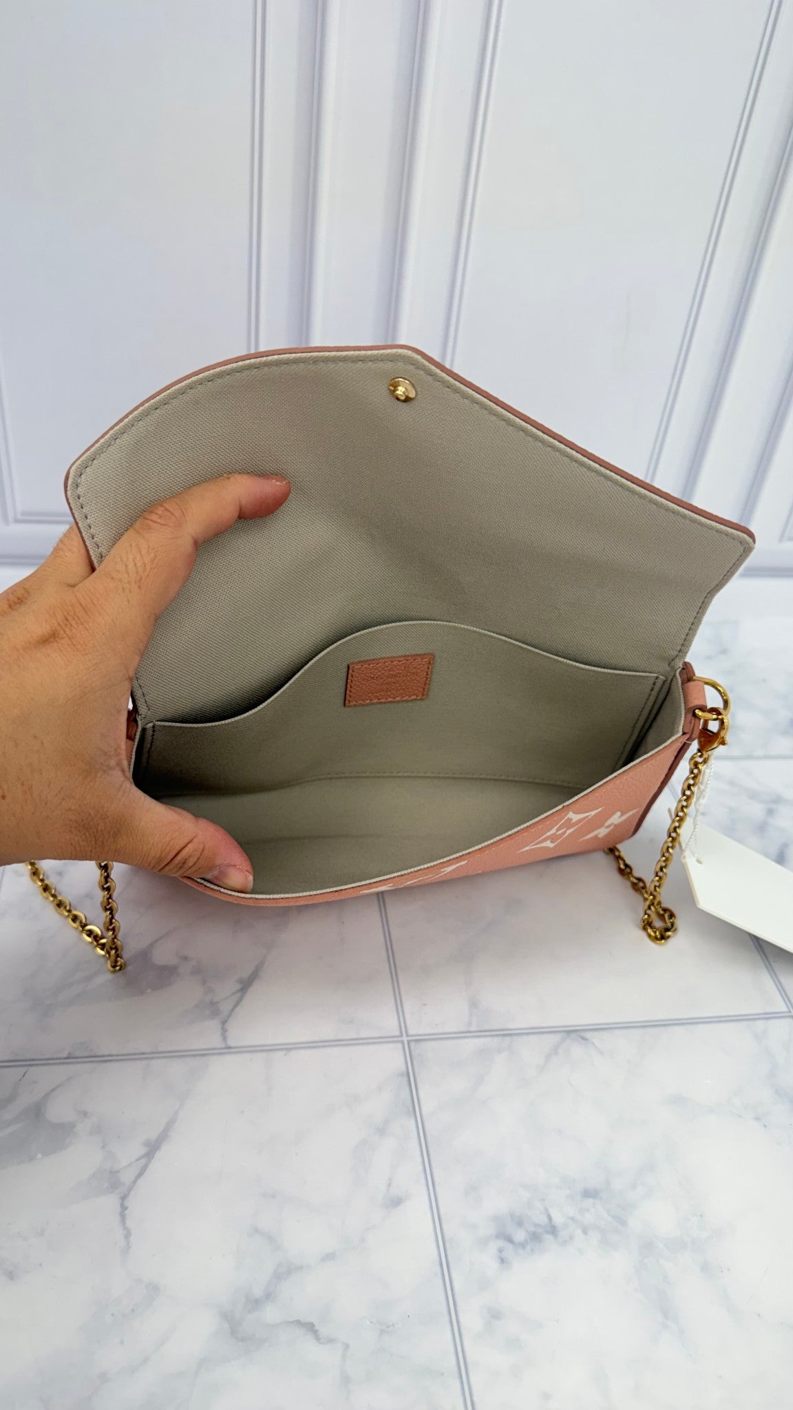 LIKE NEW - Louis Vuitton Pink And Creme Empreinte Leather Pochette Felicie