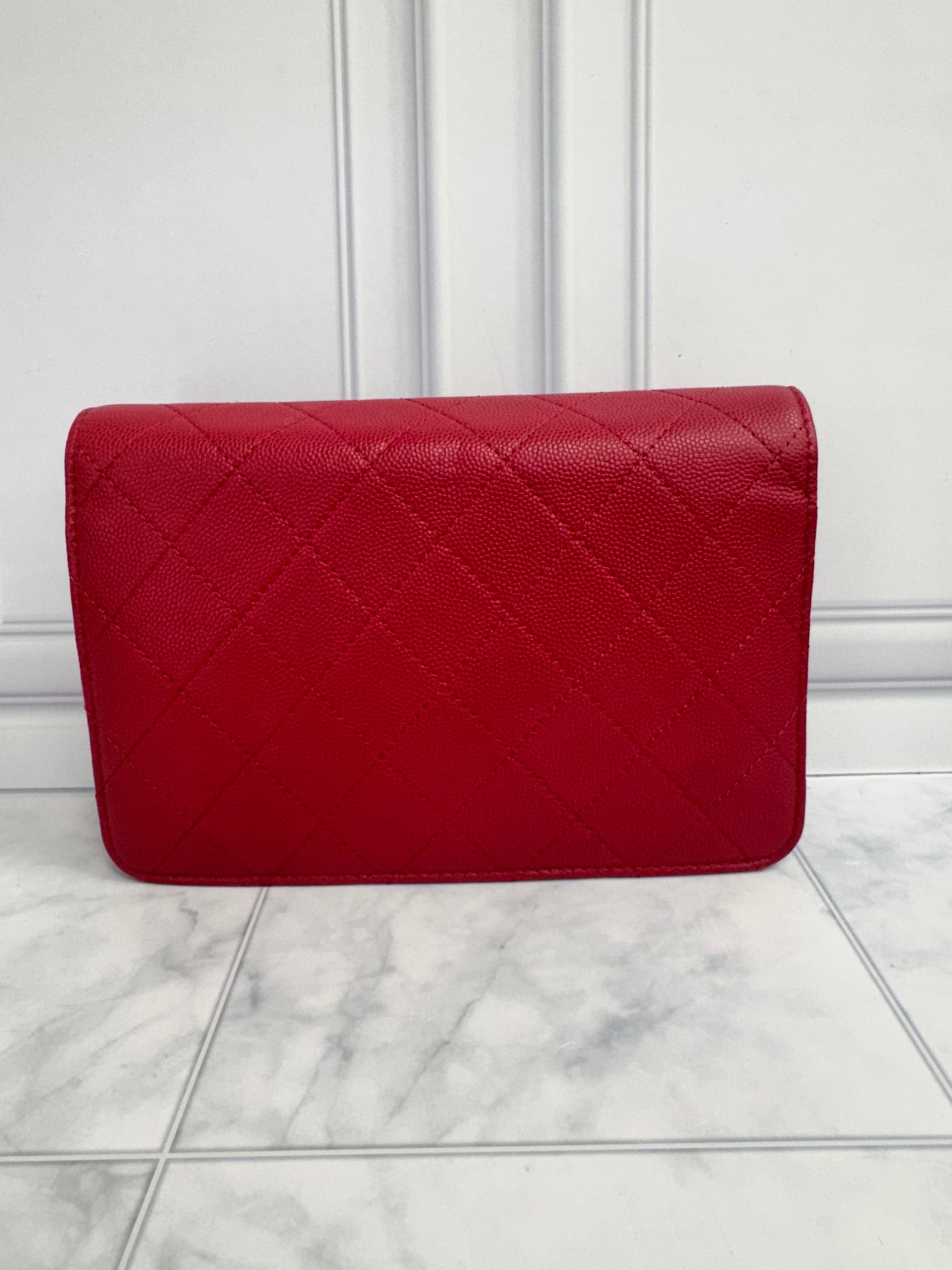 Chanel Red Quilted Caviar Leather And Suede Lady Coco Wallet On Chain