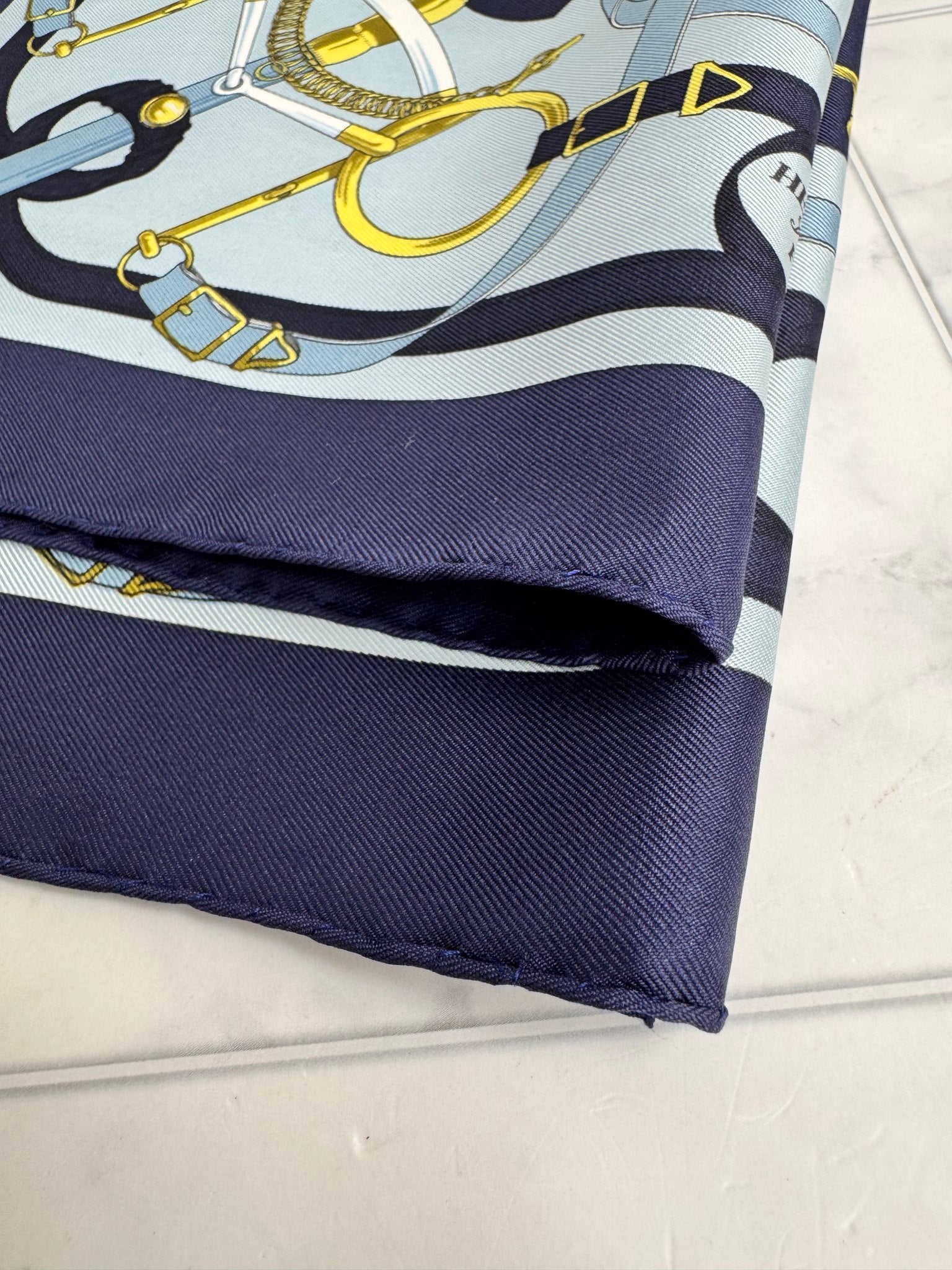 Hermes Navy Blue And Gold Silk Eperon d'Or Scarf