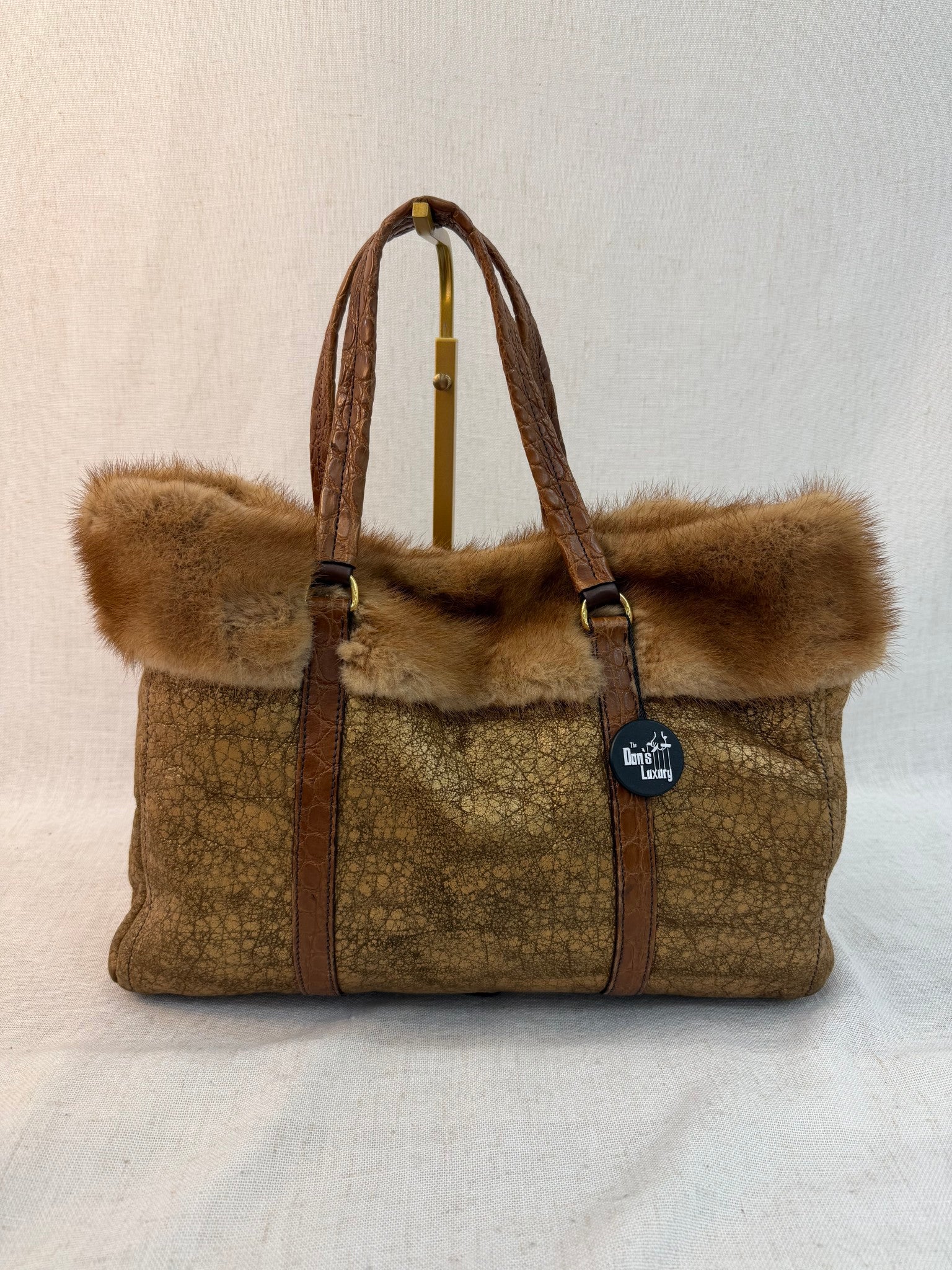 Prada Gold Distressed Sheepskin And Mink Trim Bag
