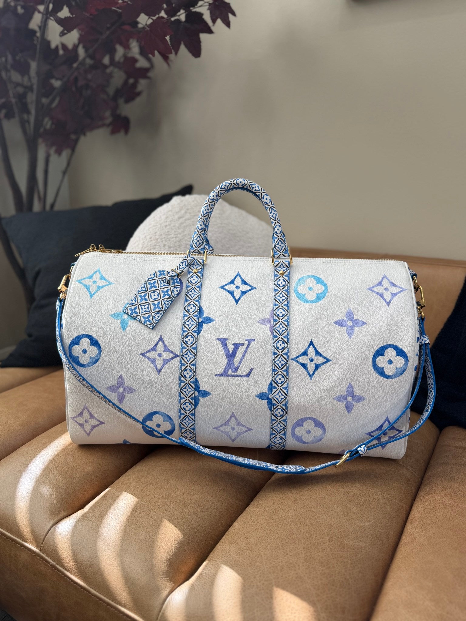 BRAND NEW- Louis Vuitton Blue Watercolor Monogram By The Pool Keepall 50 Bandouliere