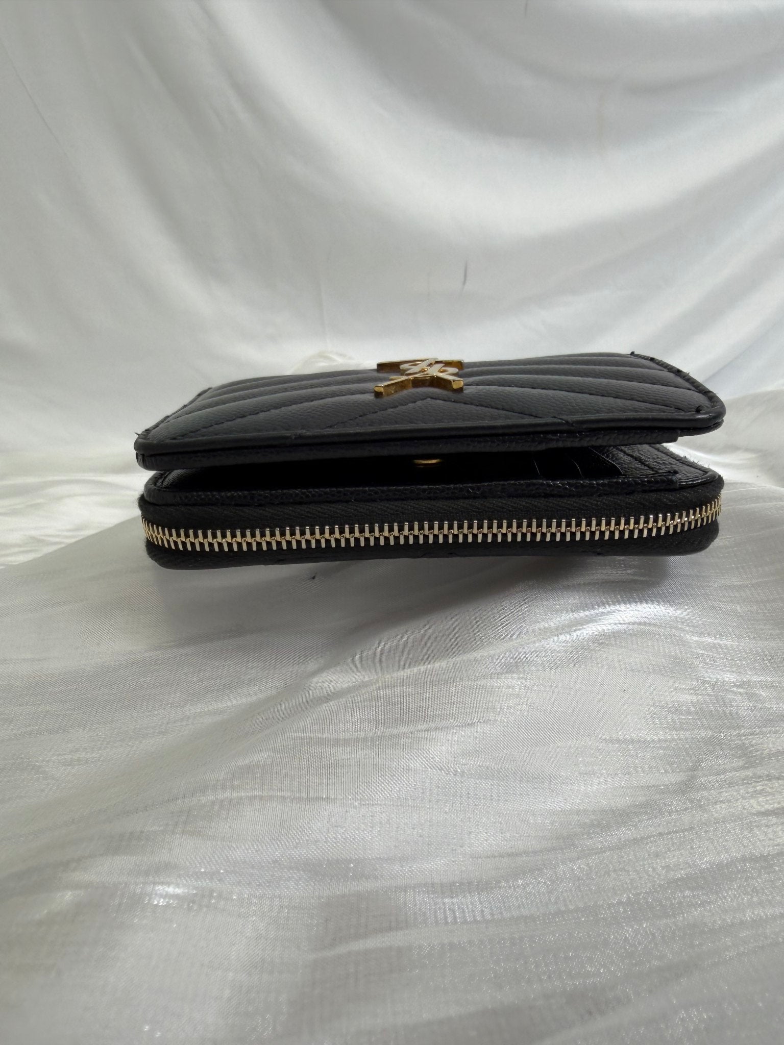 Saint Laurent YSL Black Pebbled Leather Compact Zip Around Wallet