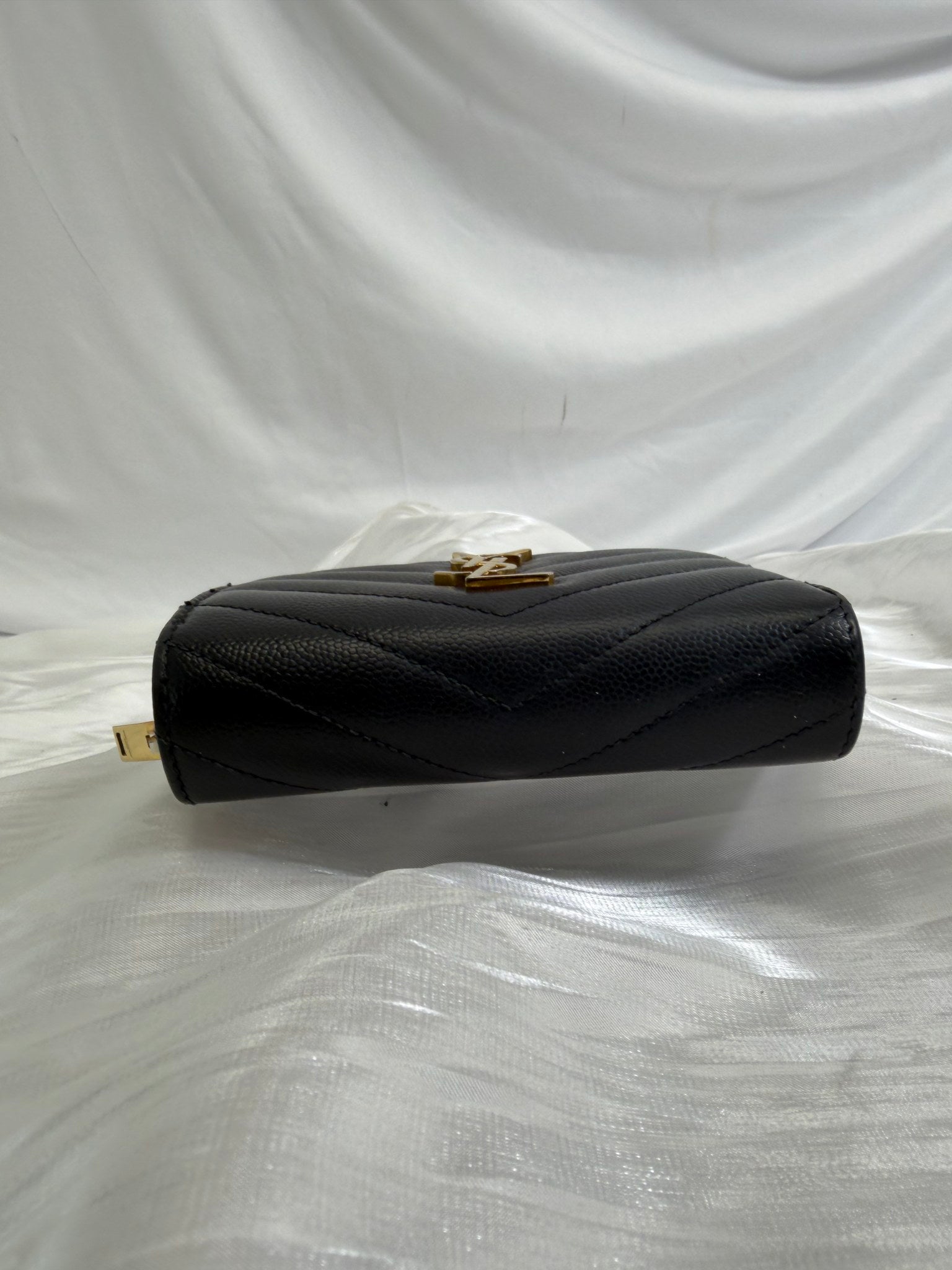 Saint Laurent YSL Black Pebbled Leather Compact Zip Around Wallet