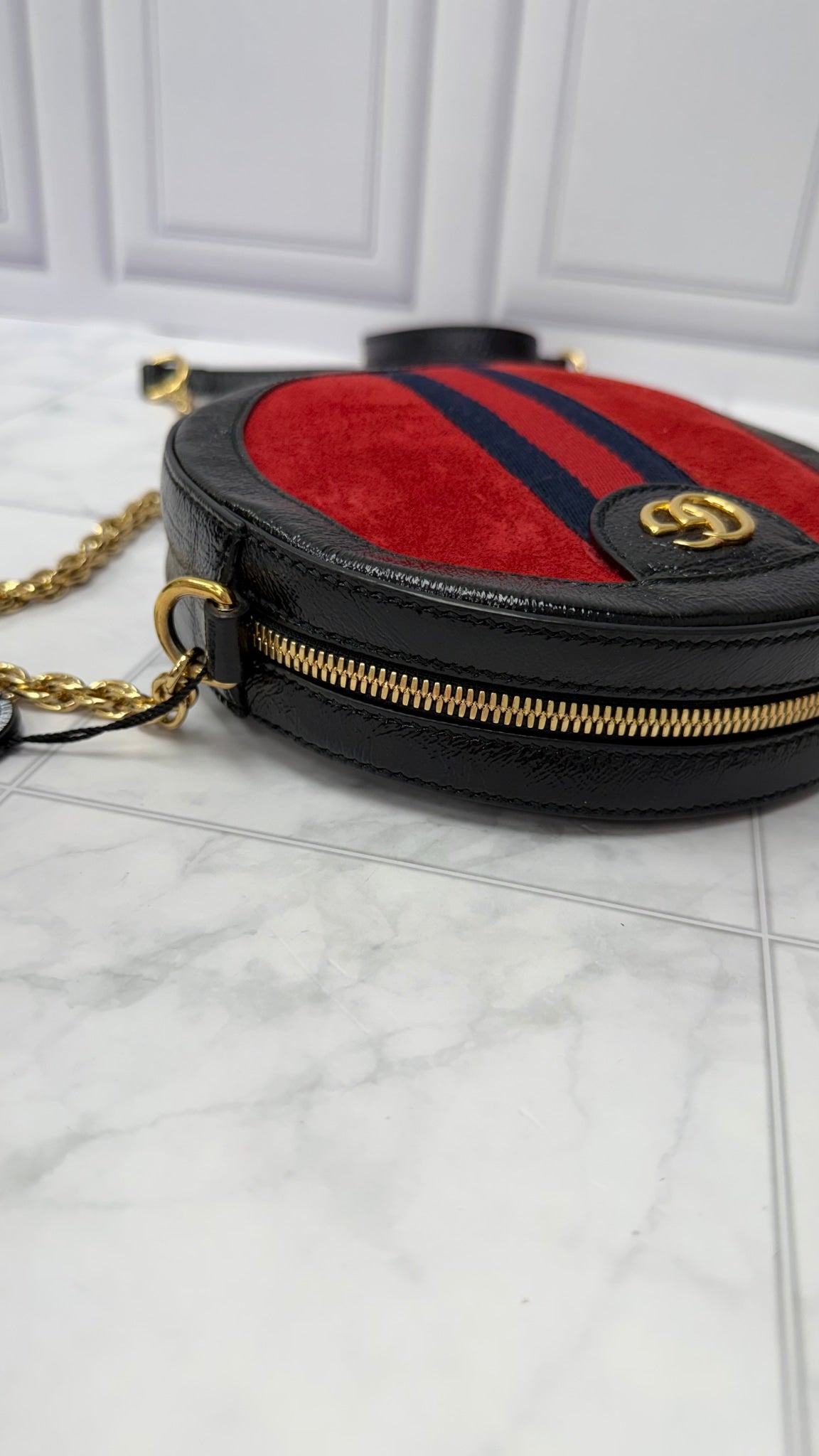Gucci Red Suede & Black Patent Leather Round Marmont Mini Round Chain Bag
