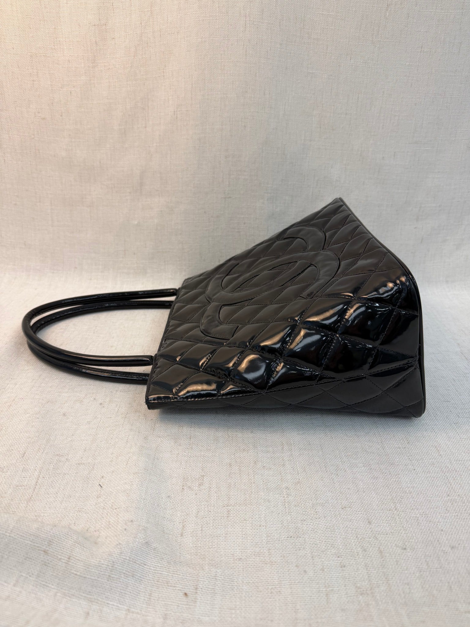 Chanel Black Patent Leather Medallion Tote Bag