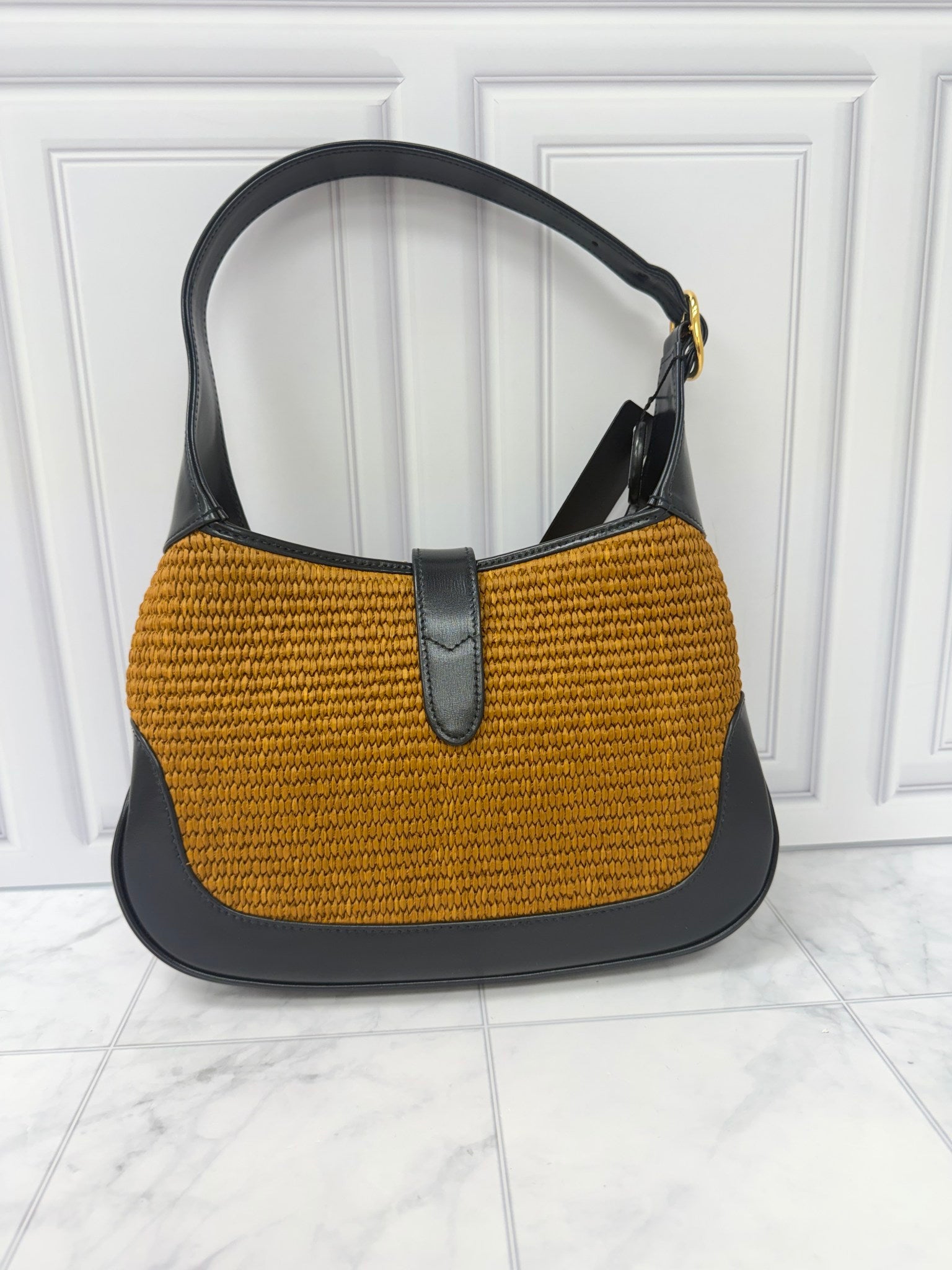 LIKE NEW - Gucci Navy Leather And Raffia Jackie 1961 Shoulder Bag