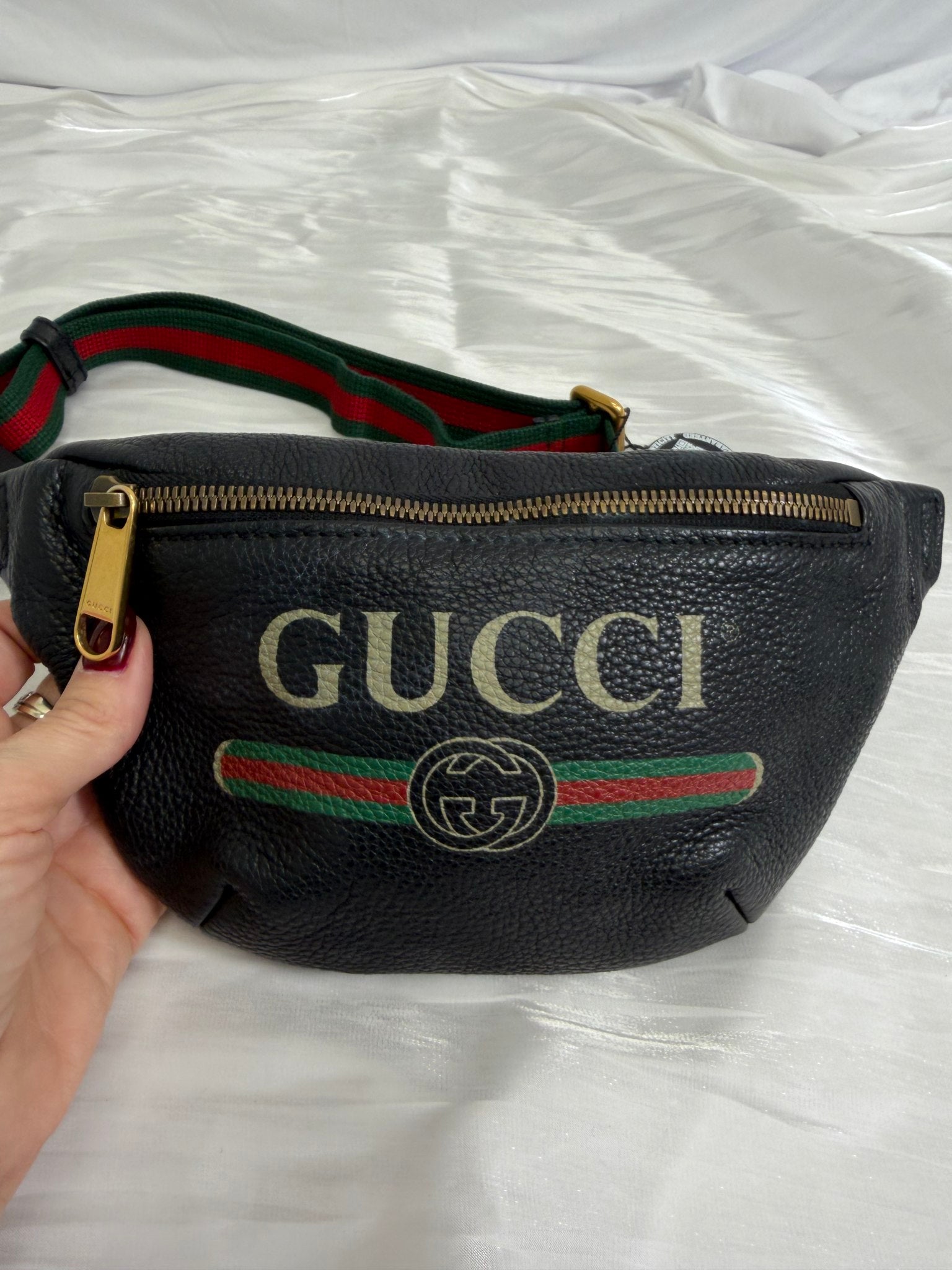 Gucci Print Black Leather Waist Bag