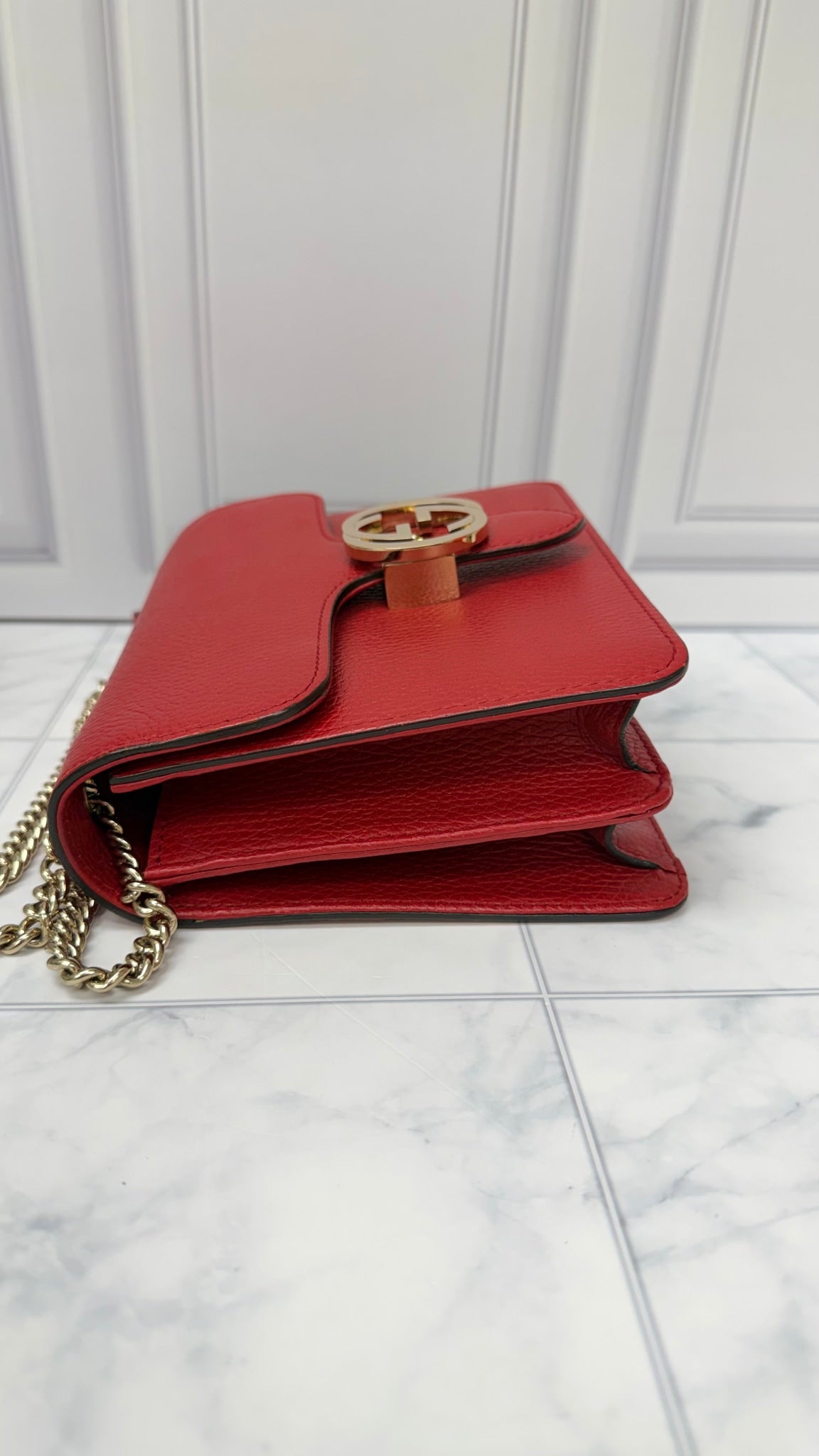 Gucci Red Grained Leather Interlocking G Small Shoulder Bag