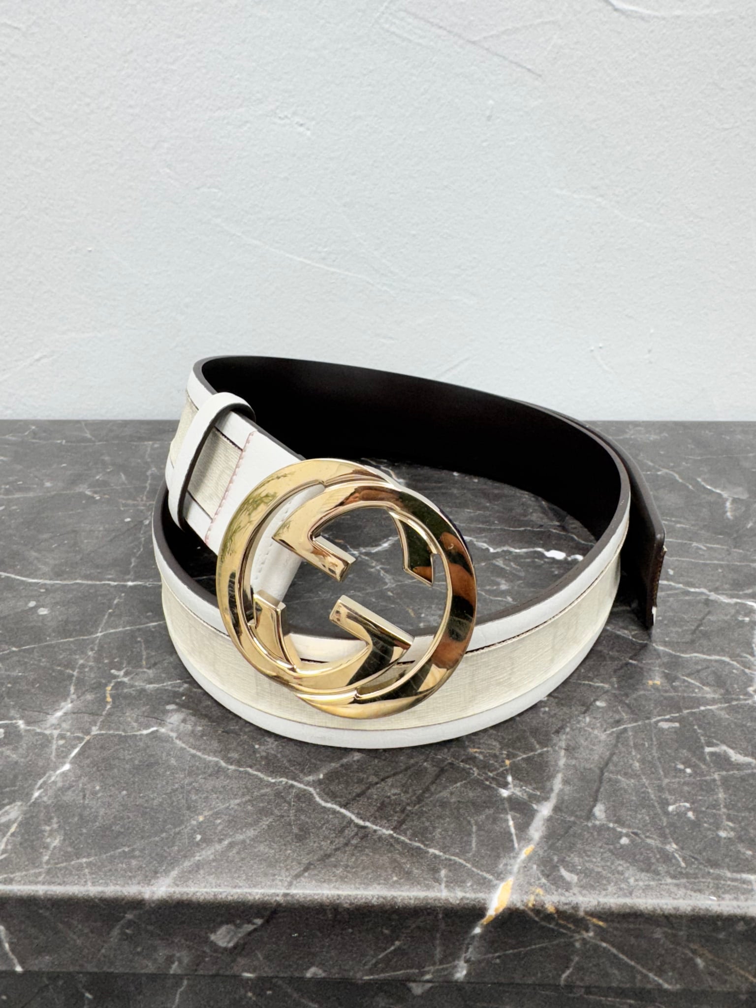 Gucci White GG Supreme & Leather Interlocking G Belt Size 90/36