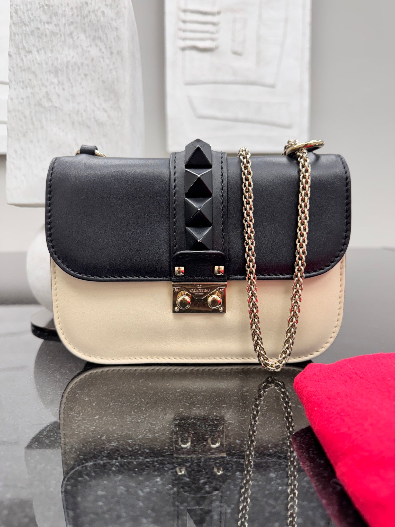 Valentino Beige And Black Leather Rockstud Glam Lock Shoulder Bag