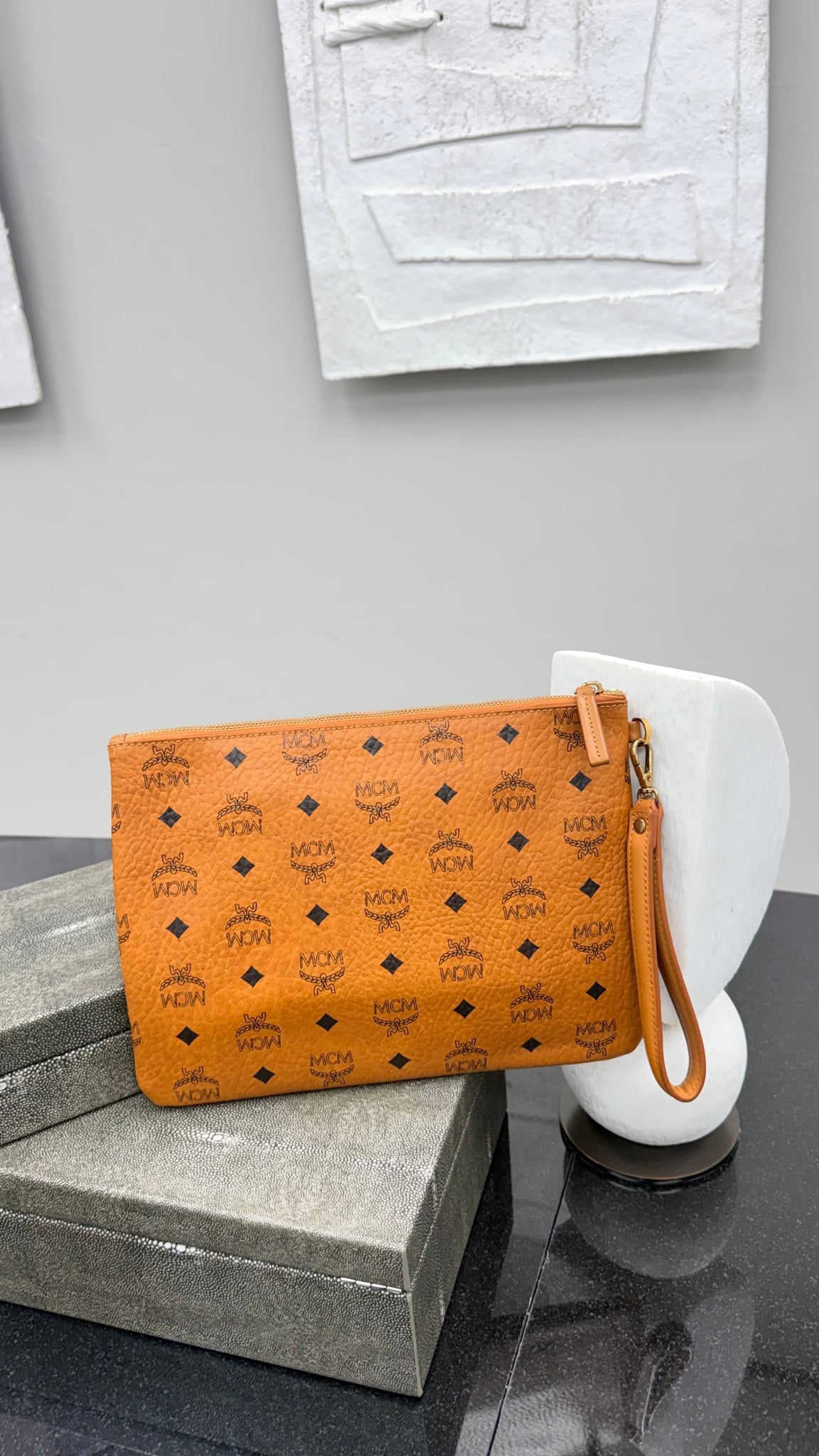 MCM Brown Visetos Leather Clutch
