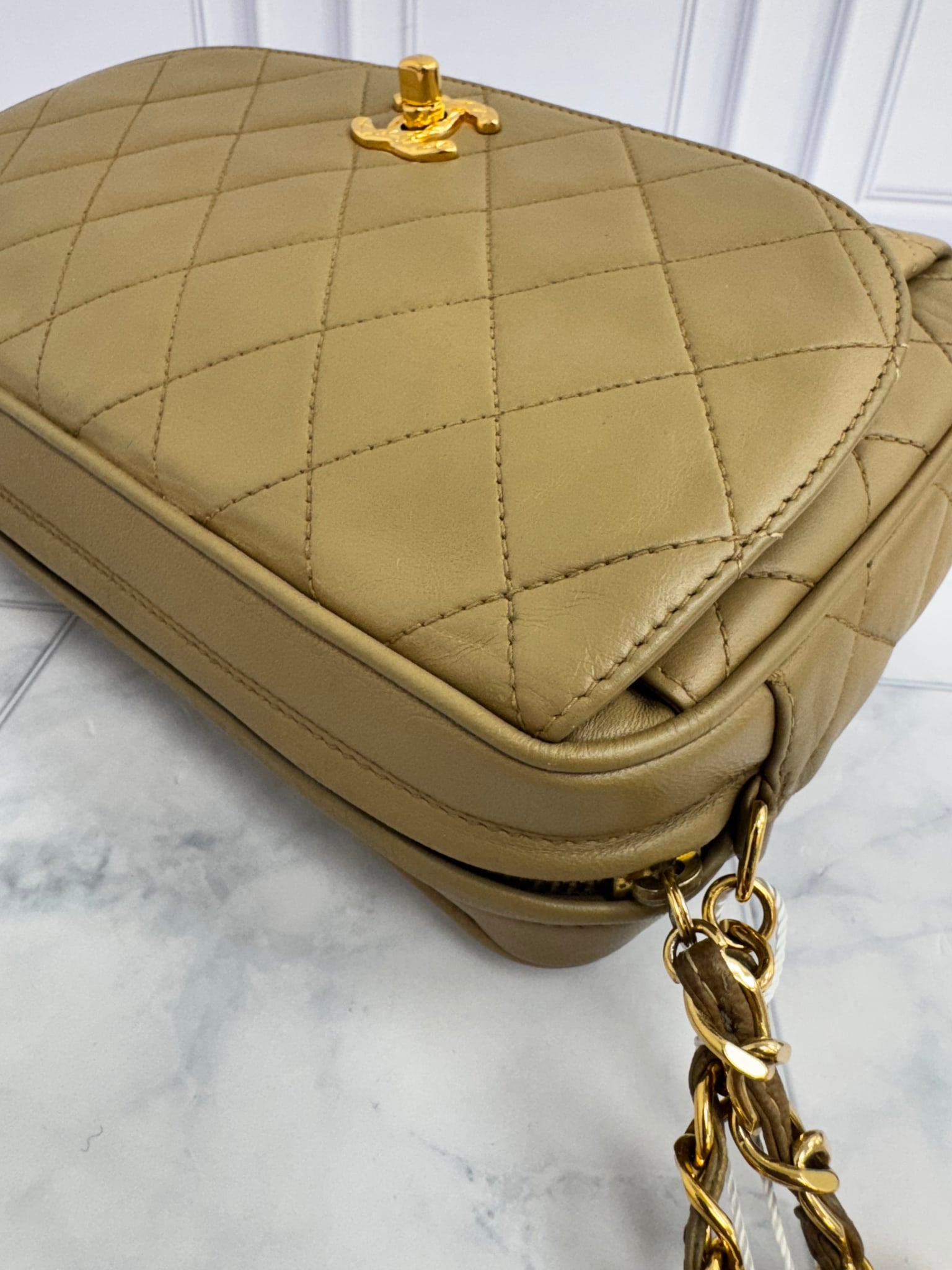 Chanel Khaki Quilted Lambskin Medium Flap Camera Bag
