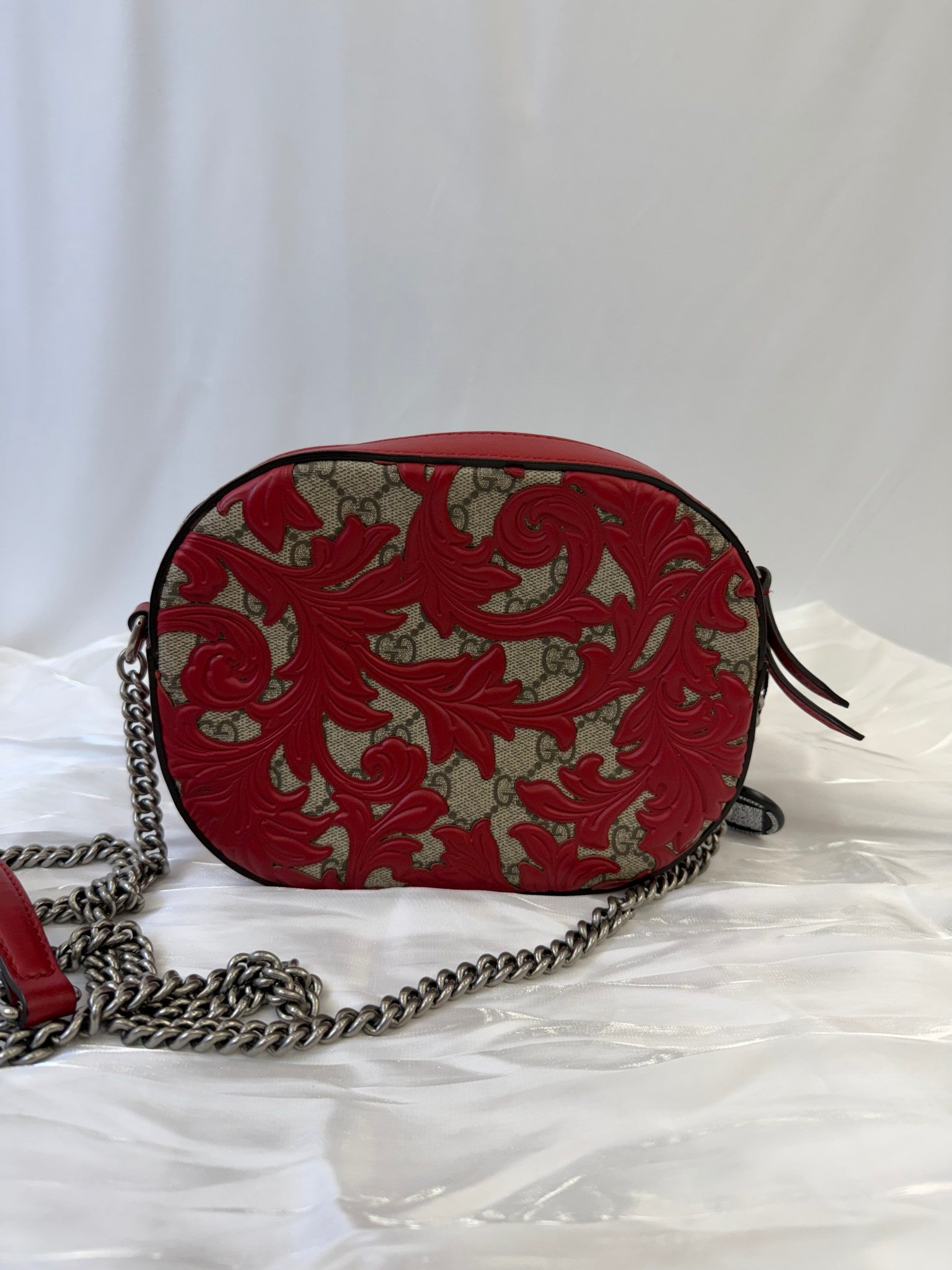 Gucci Red And GG Print Arabesque Chain Crossbody Bag