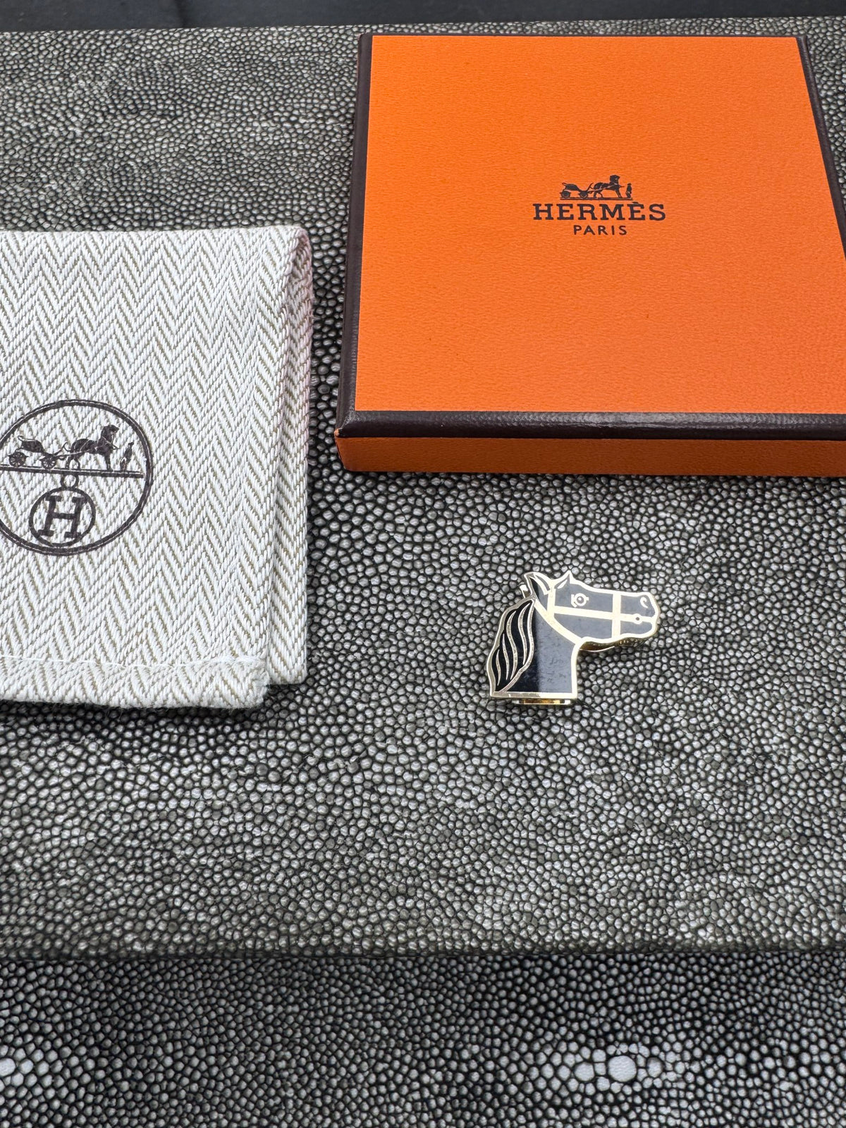 Hermes Black & Gold Tone Quadrige Twilly Scarf Ring