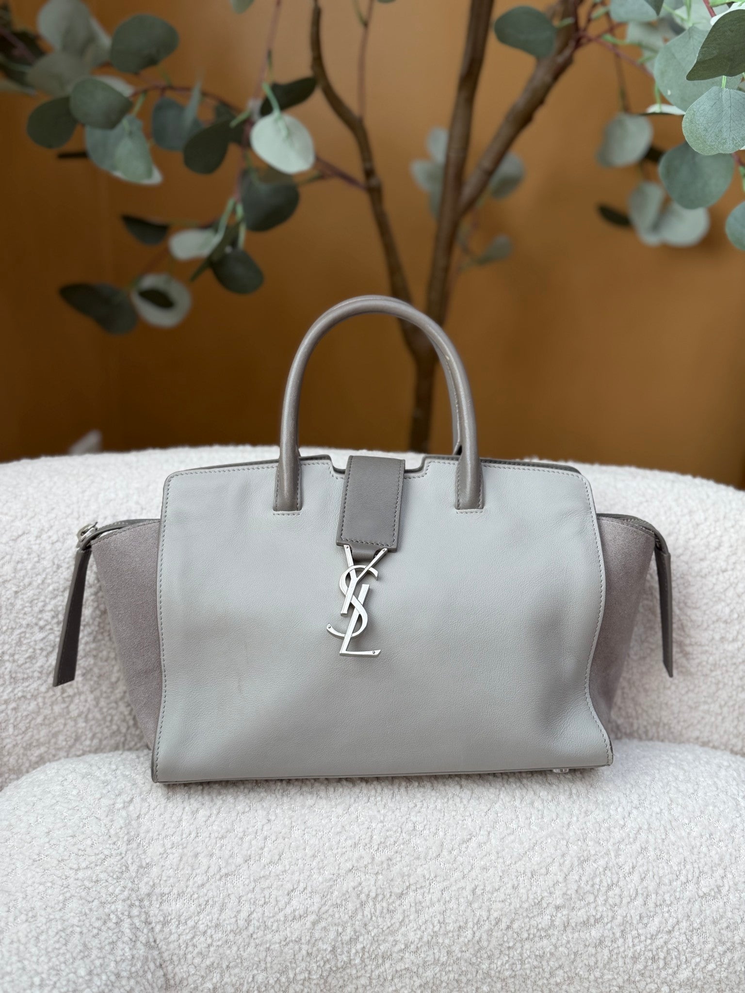 YSL Saint Laurent Gray Leather Downtown Cabas Handbag