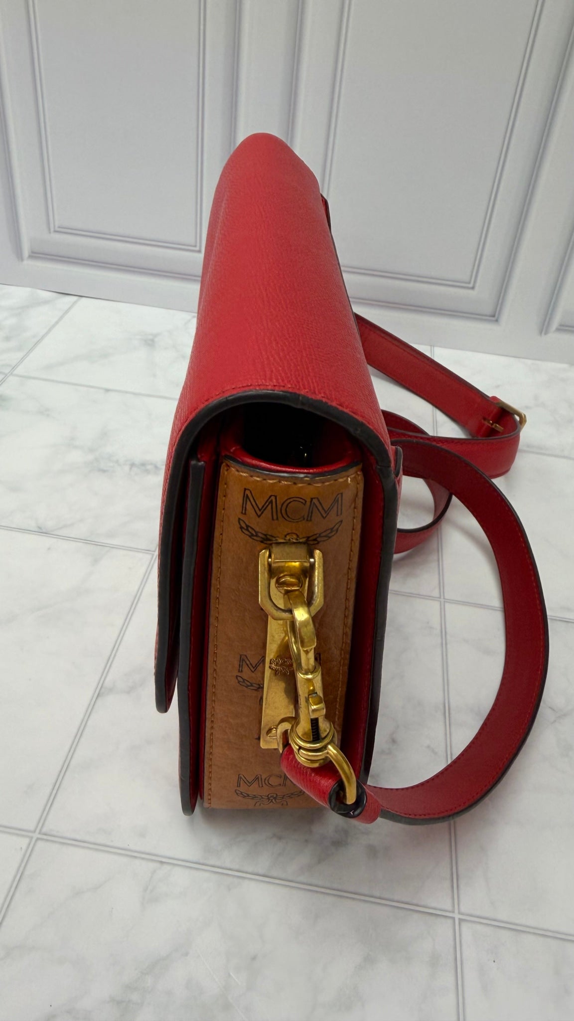 MCM Red Leather & Visetos Print Mena Shoulder Bag