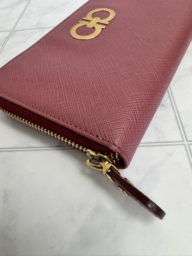 Salvatore Ferragamo Dusty Red Saffiano Leather Long Zippy Wallet