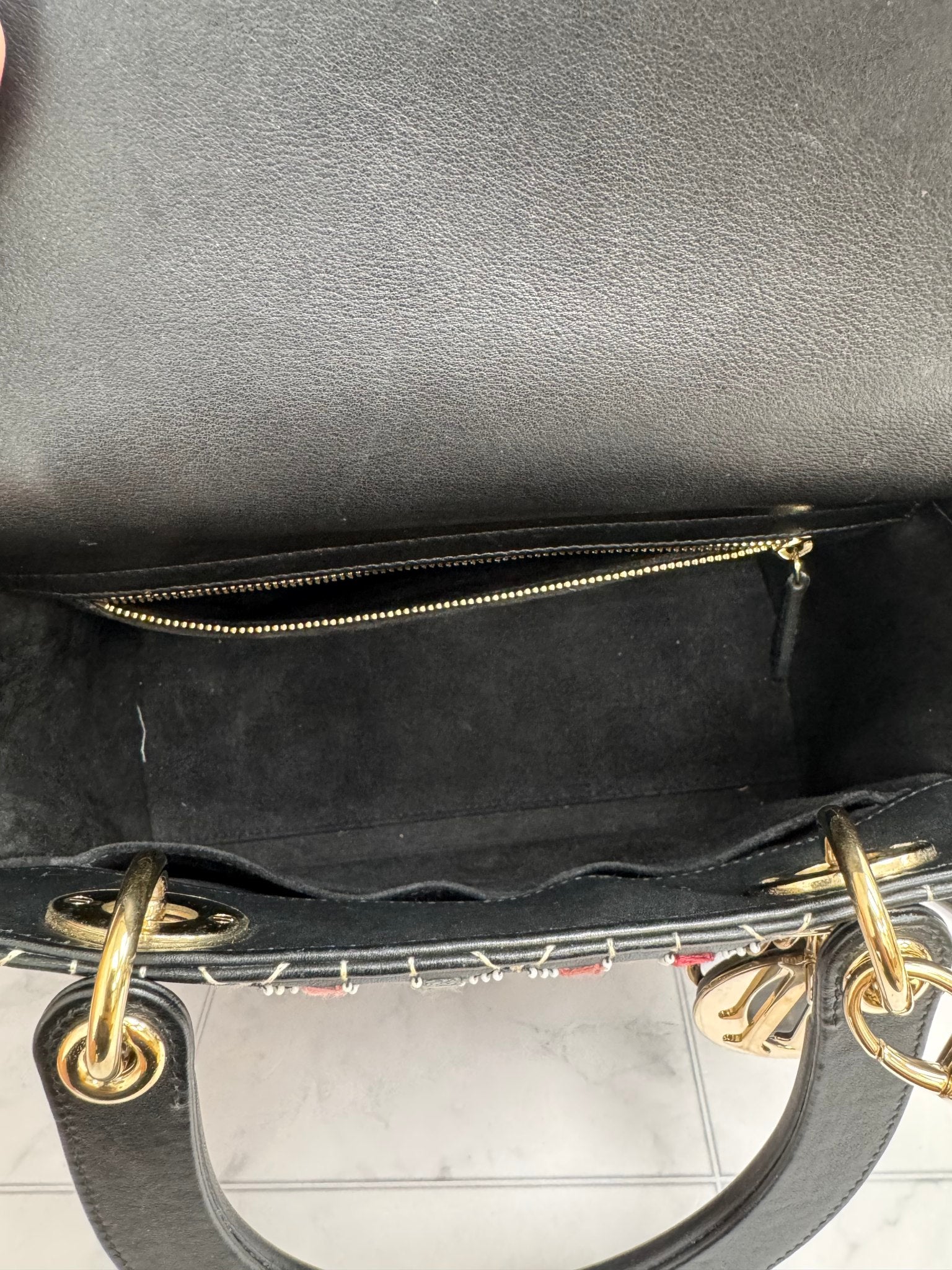 Christian Dior Black Multicolor Embroidered Lady Dior Medium 2Way Bag