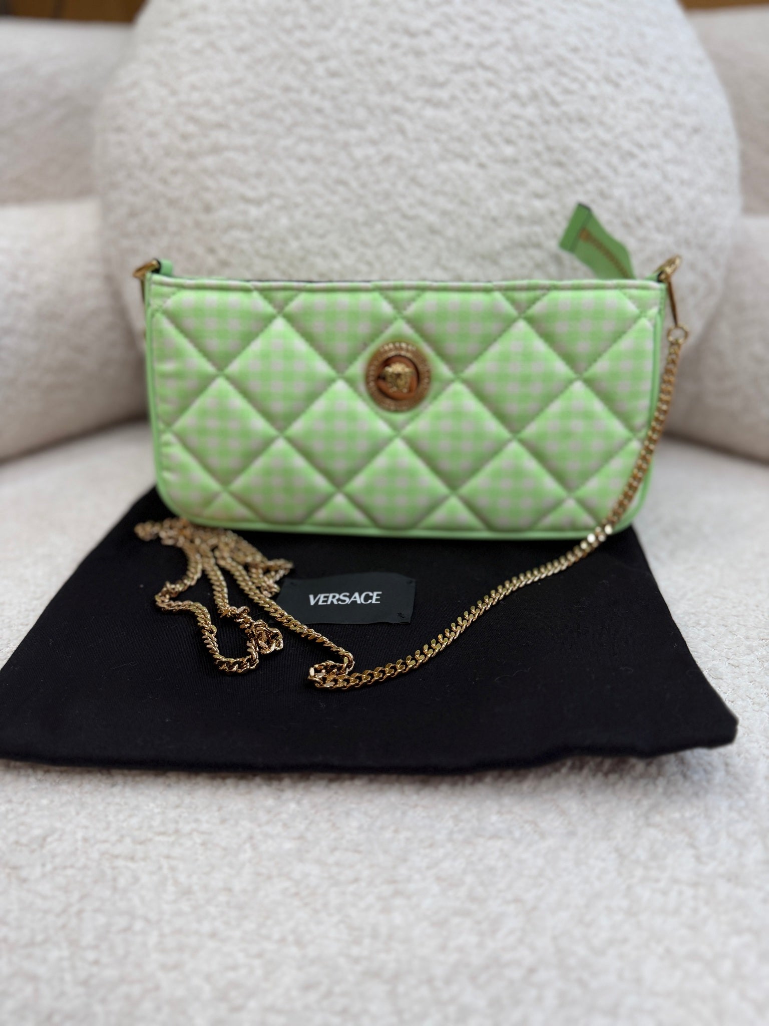 BRAND NEW- Versace Green & White Plaid Medusa Crossbody