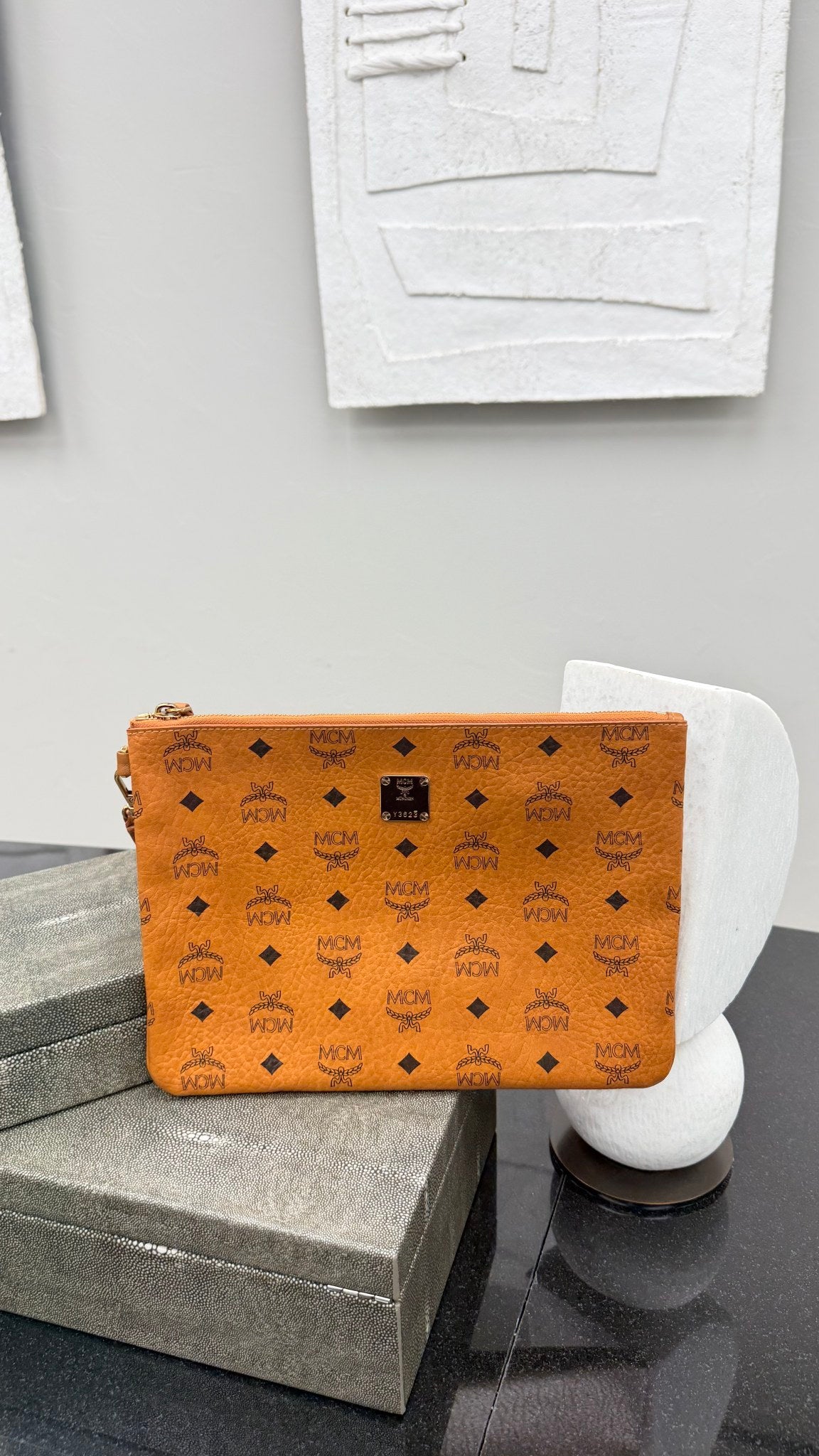 MCM Brown Visetos Leather Clutch