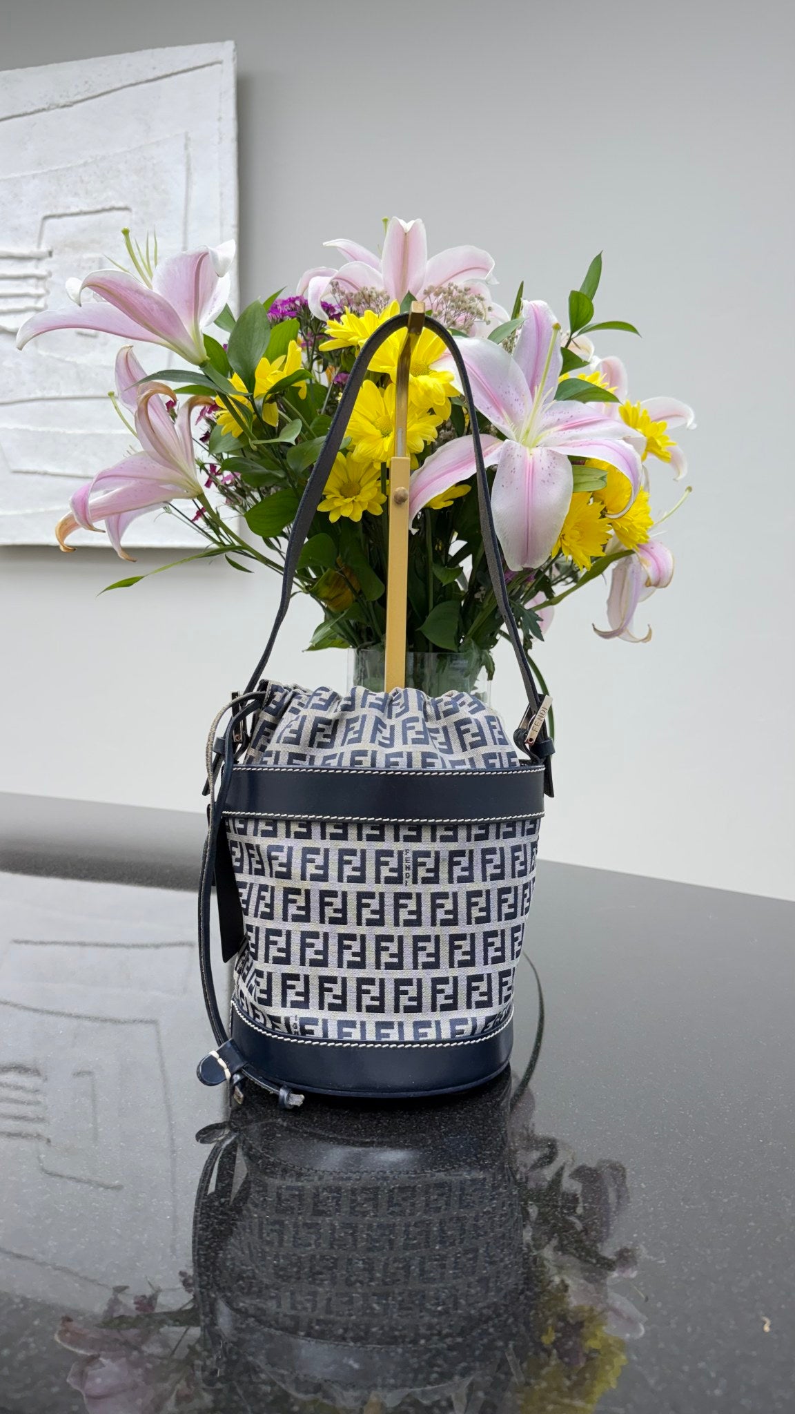 Fendi Blue Zucchino Canvas & Leather Drawstring Bucket Bag