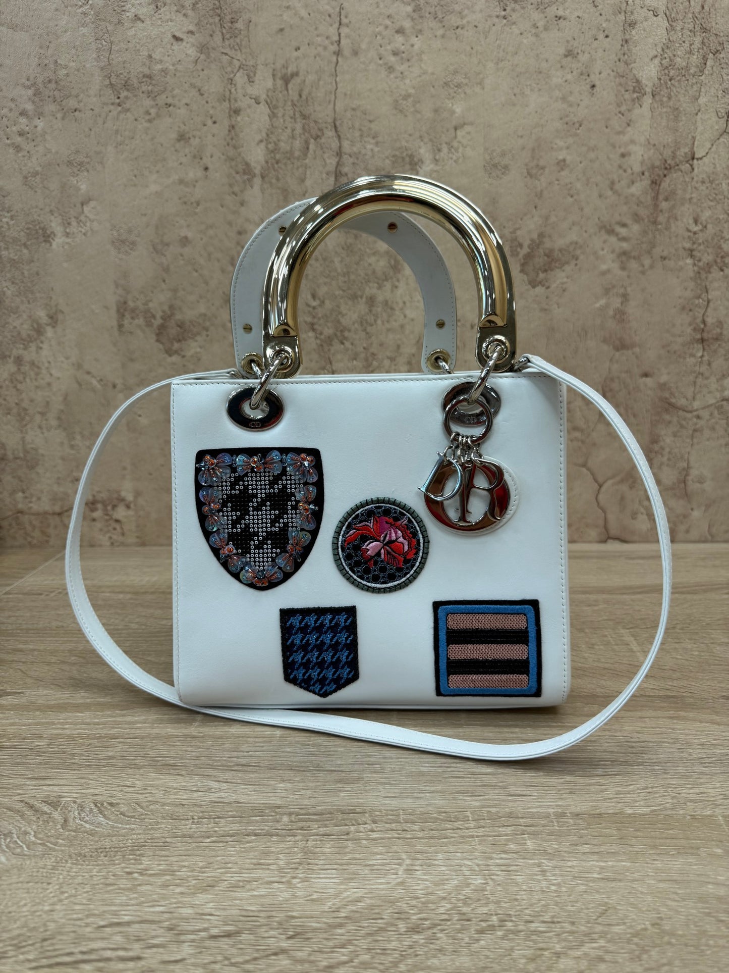 Christian Dior White Leather Patch Embellished Medium Lady Dior