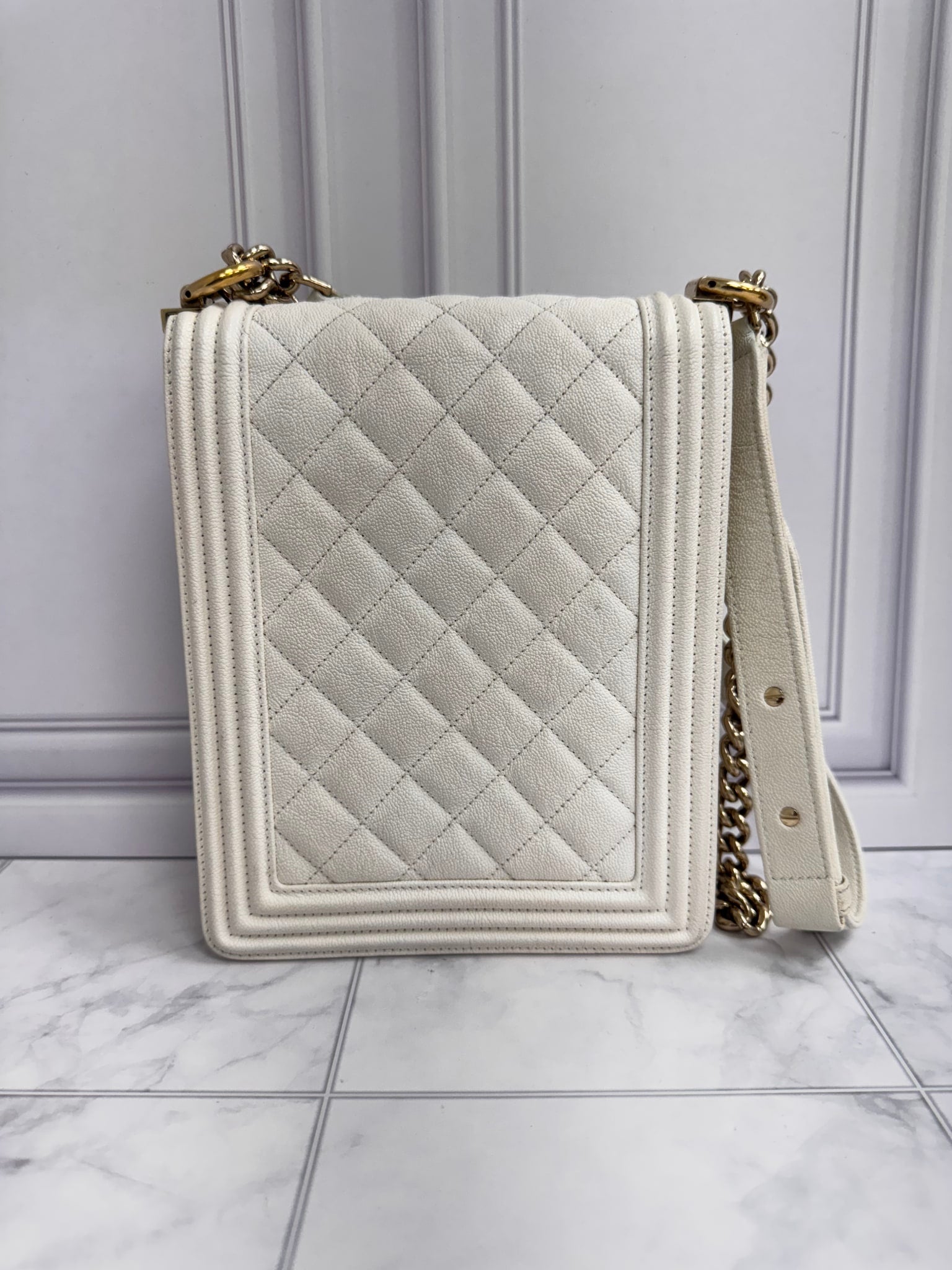 LIKE NEW - Chanel White Quilted Leather North South Boy 2Way Bag