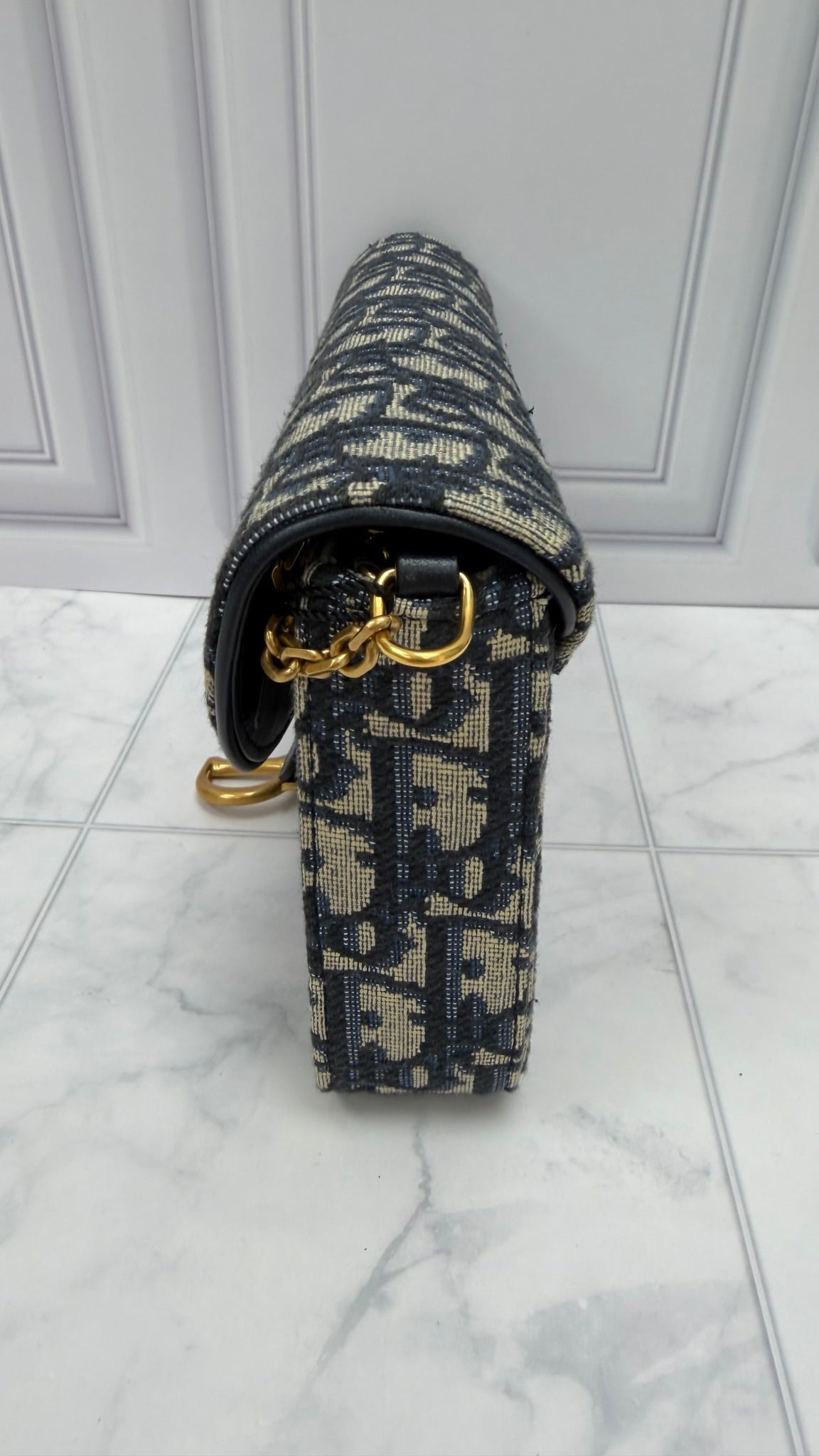 Christian Dior Blue Jacquard Saddle Pouch with a Chain