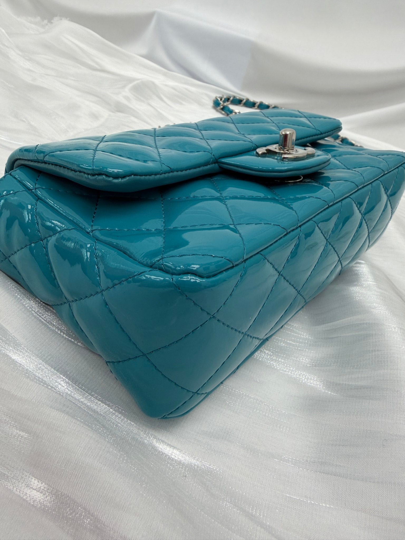 Chanel Teal Quilted Patent Leather Mini Flap Bag