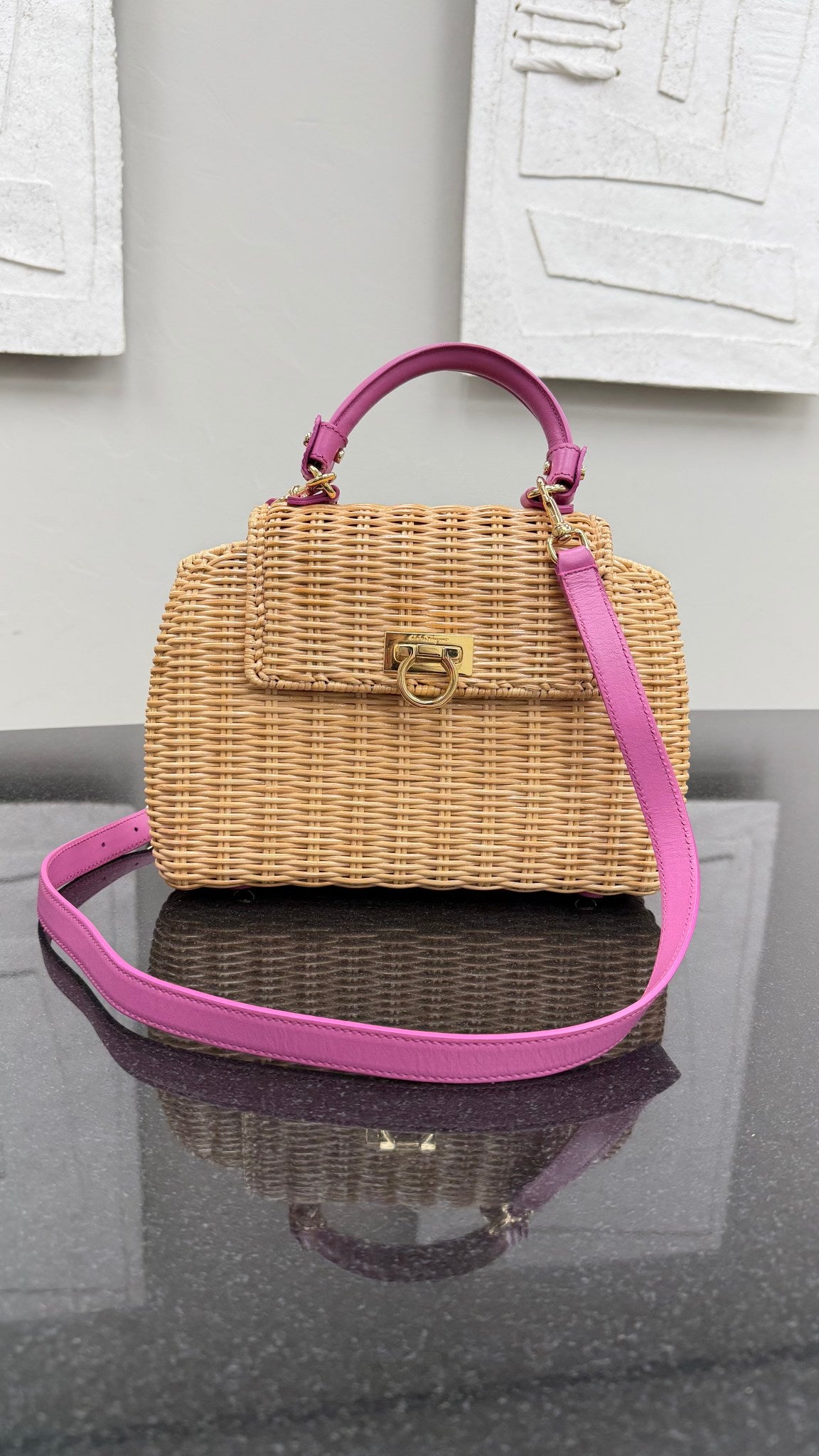 Salvatore Ferragamo Wicker & Pink Leather 2Way Bag