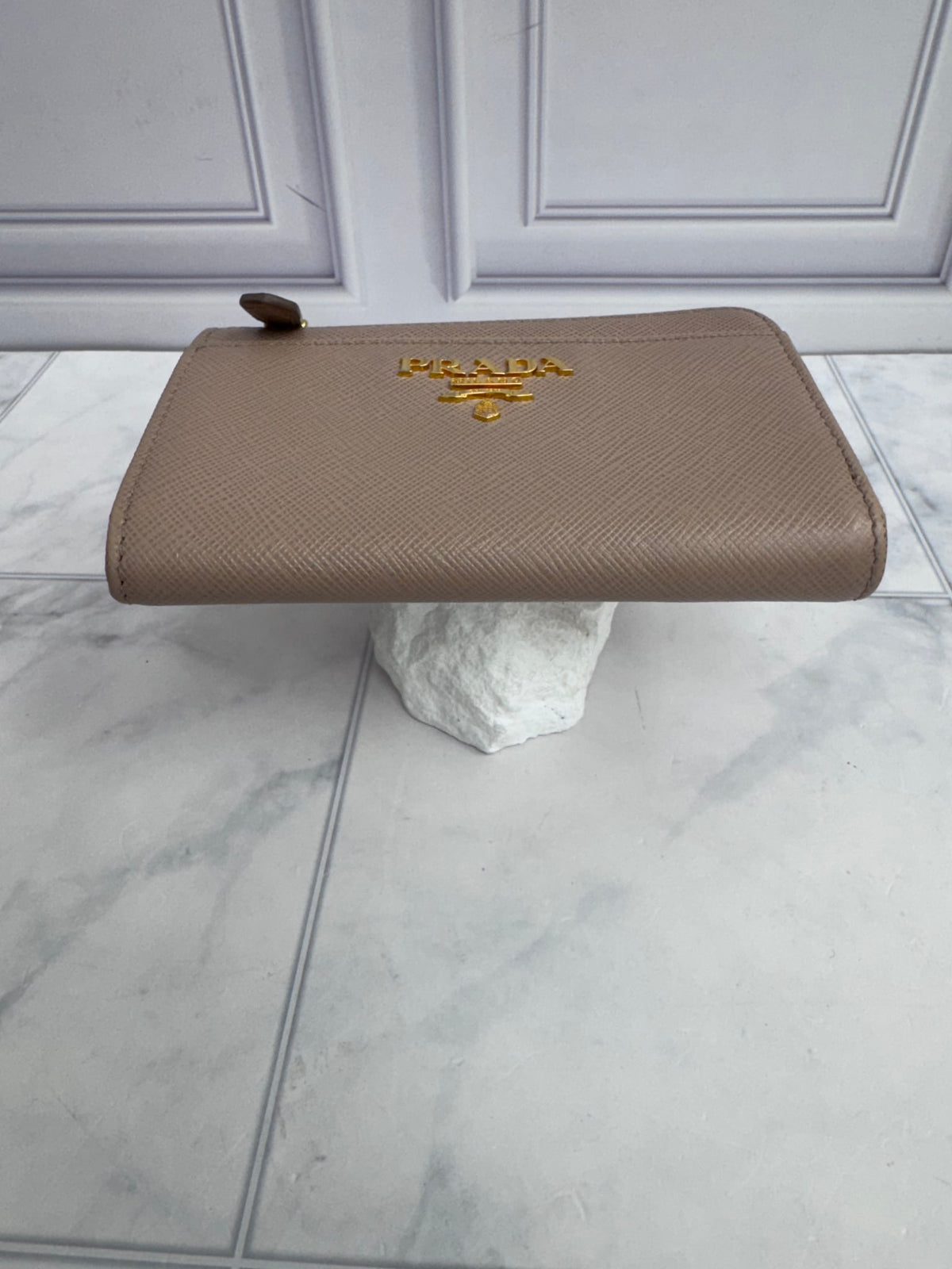 Prada Nude Saffiano Leather Compact Zippy Wallet