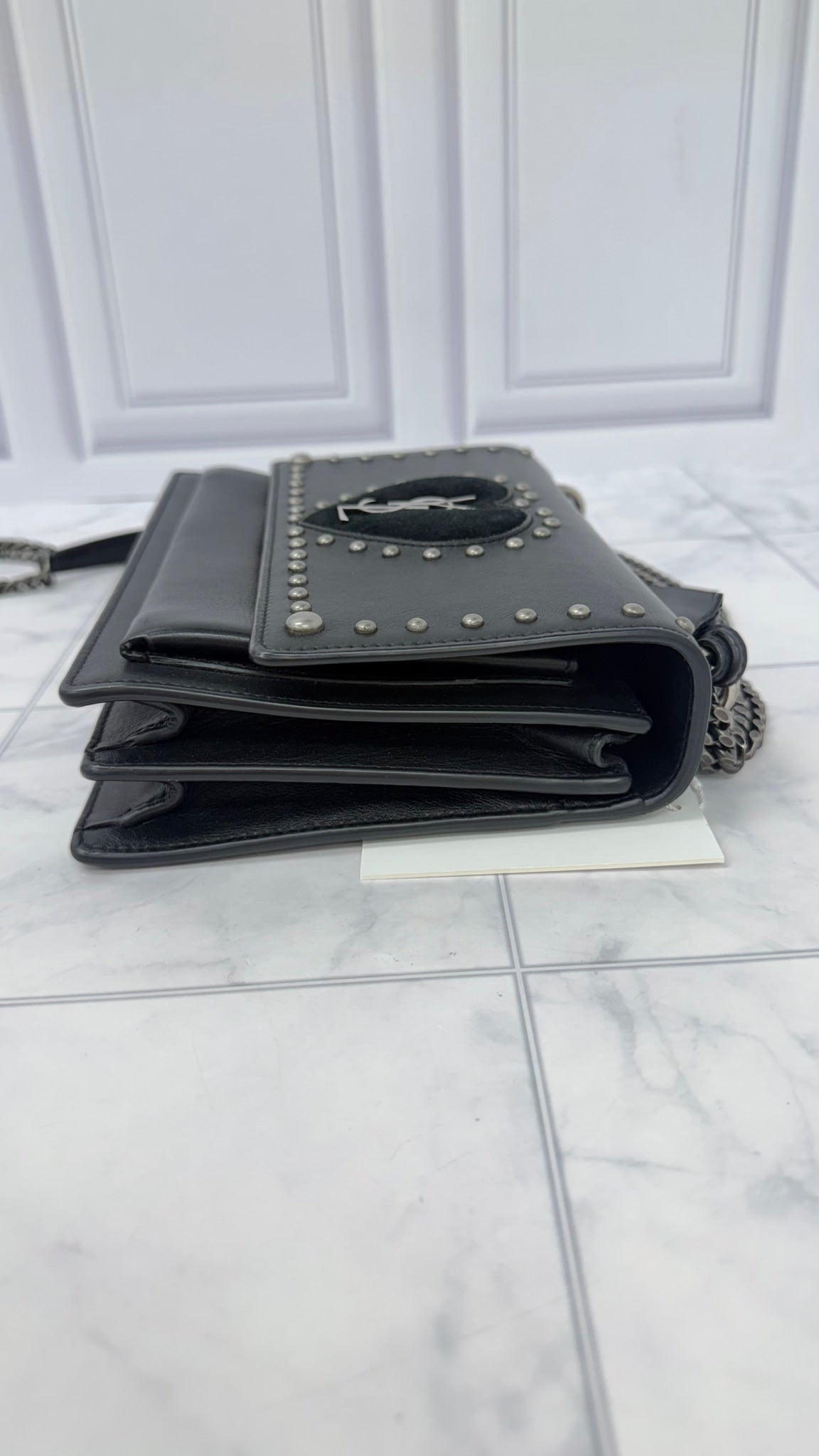 Saint Laurent YSL Black Leather Medium Studded Monogram Heart Sunset Crossbody Bag