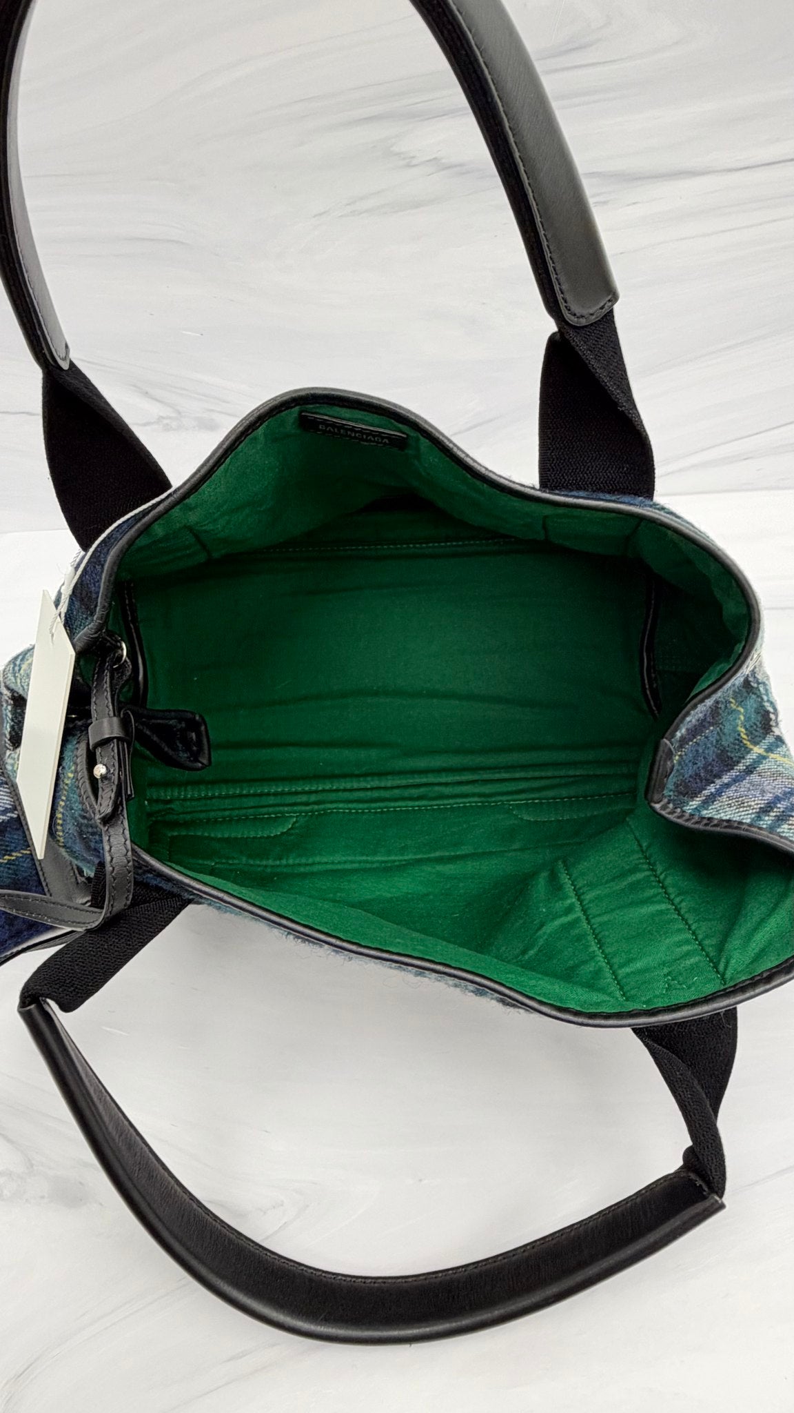 Balenciaga Green And Blue Plaid Wool Tote Bag