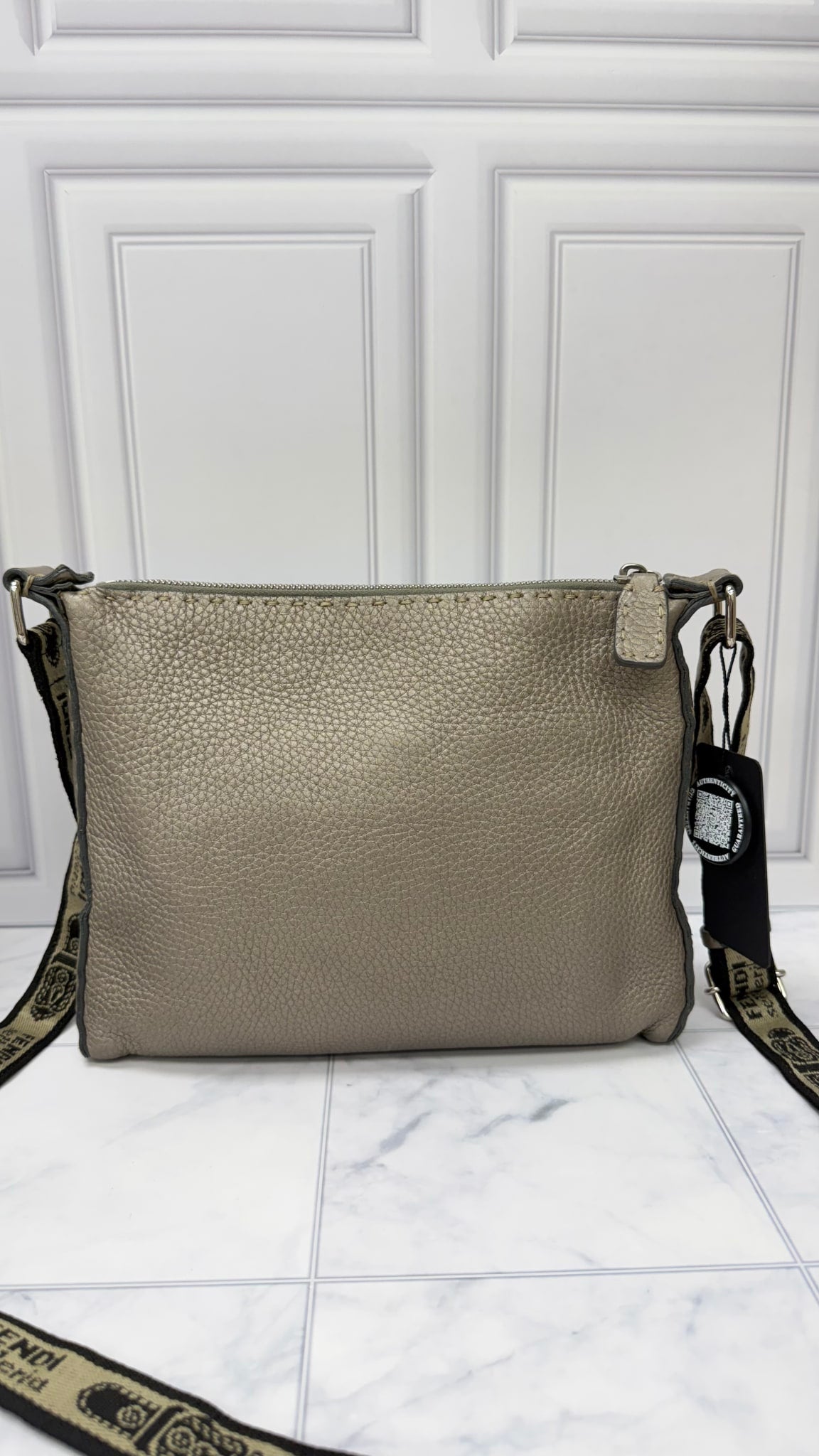 Fendi Grey Grained Leather Selleria Crossbody Bag