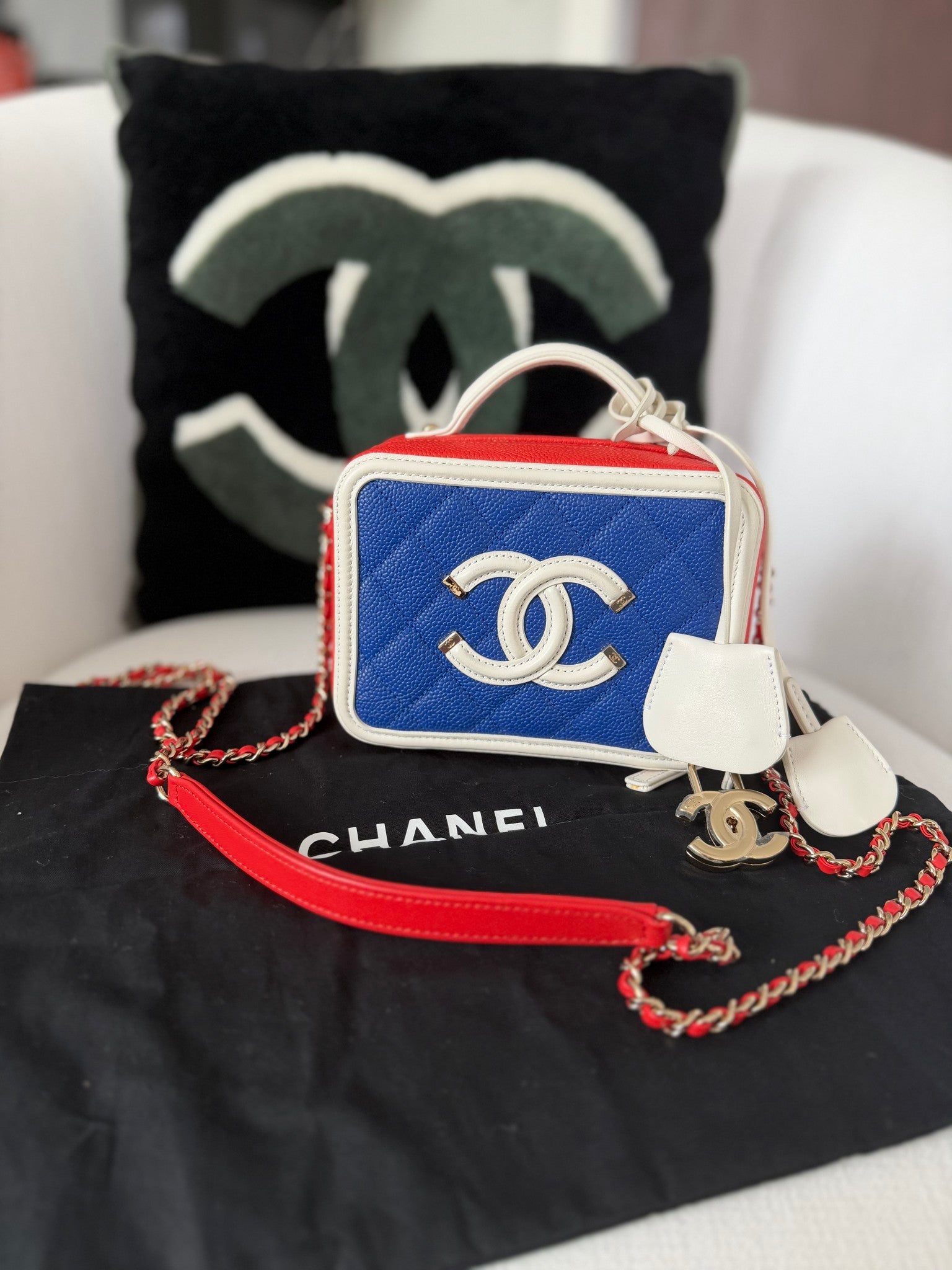 Chanel Red, White Blue Caviar Small Filigree Vanity Case Bag
