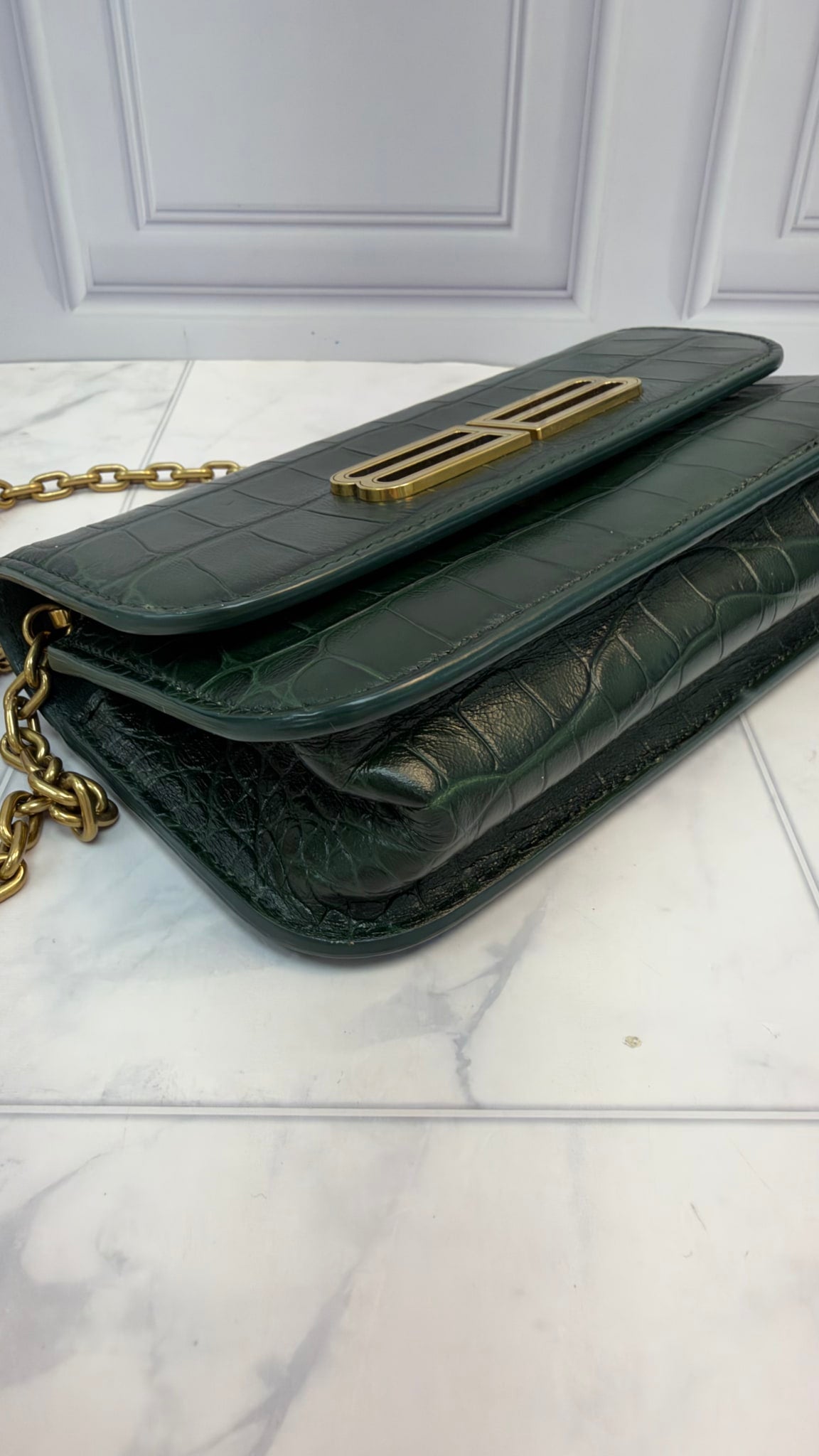 LIKE NEW -Balenciaga Green Croc Embossed Leather Small Signature Gossip Crossbody
