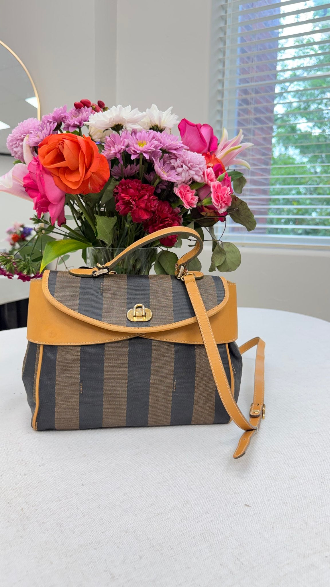 Fendi Vintage Brown Stripe Canvas Sequin Top Handle Bag