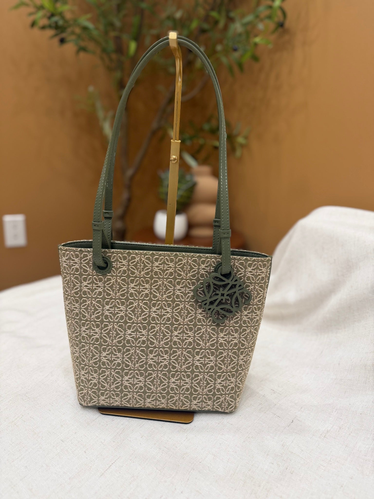 Loewe Green Canvas Square Jacquard Tote Bag