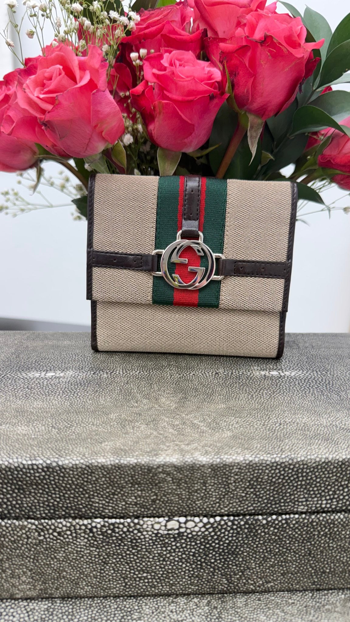 Gucci Vintage Beige & Brown Canvas Interlocking G Web Compact Wallet