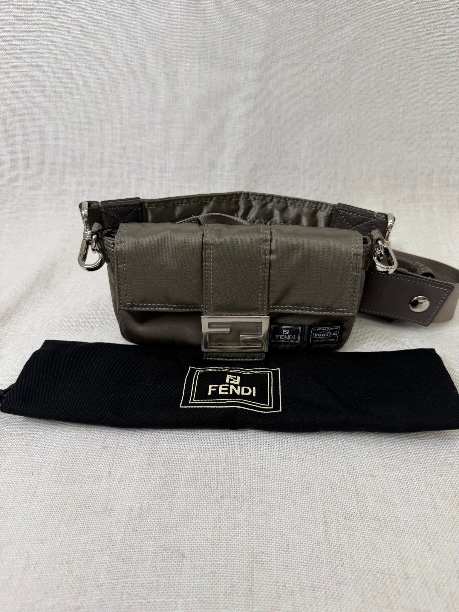 Fendi Taupe Nylon Porter Baguette Belt Bag