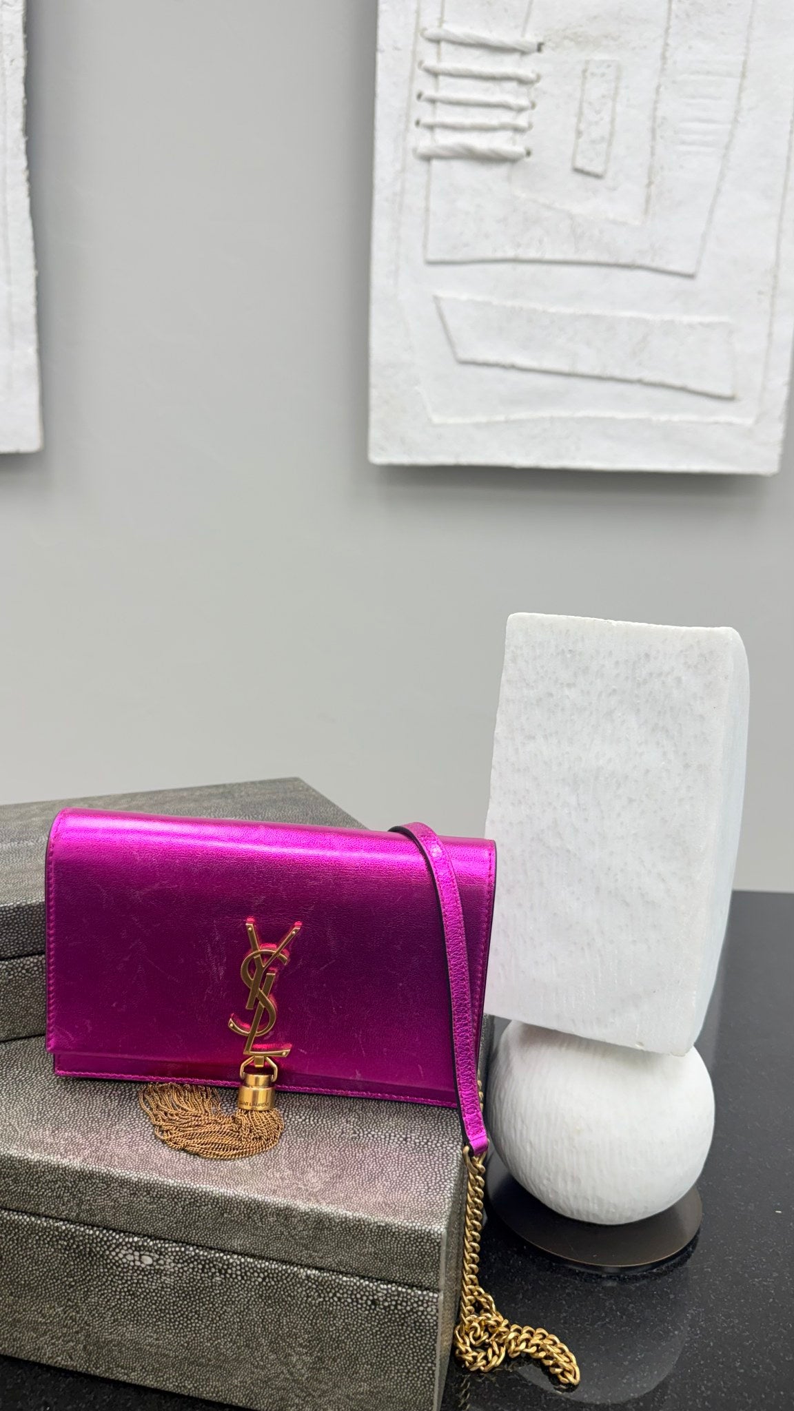Saint Laurent YSL Fuchsia Metallic Leather Kate Wallet On A Chain