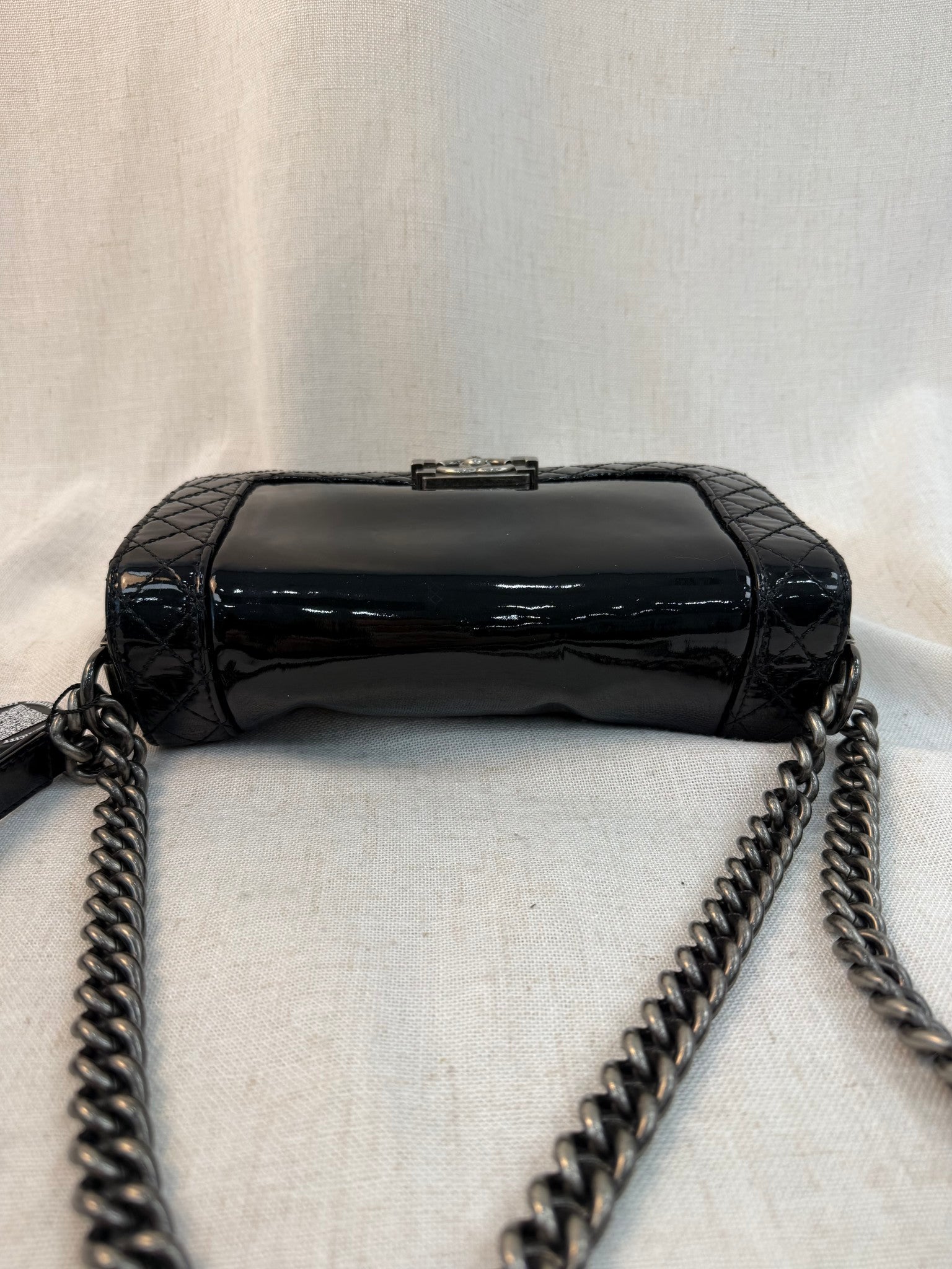 Chanel Black Patent Leather Medium Boy Bag