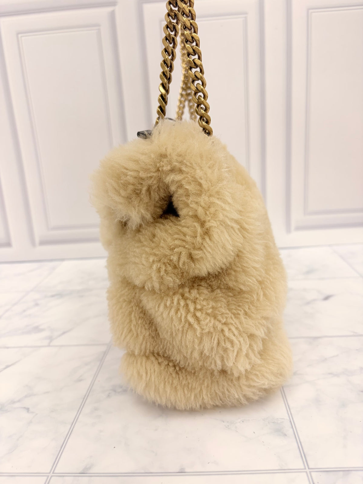 BRAND NEW - Saint Laurent YSL Beige Puffer Shearling Small Shoulder Bag